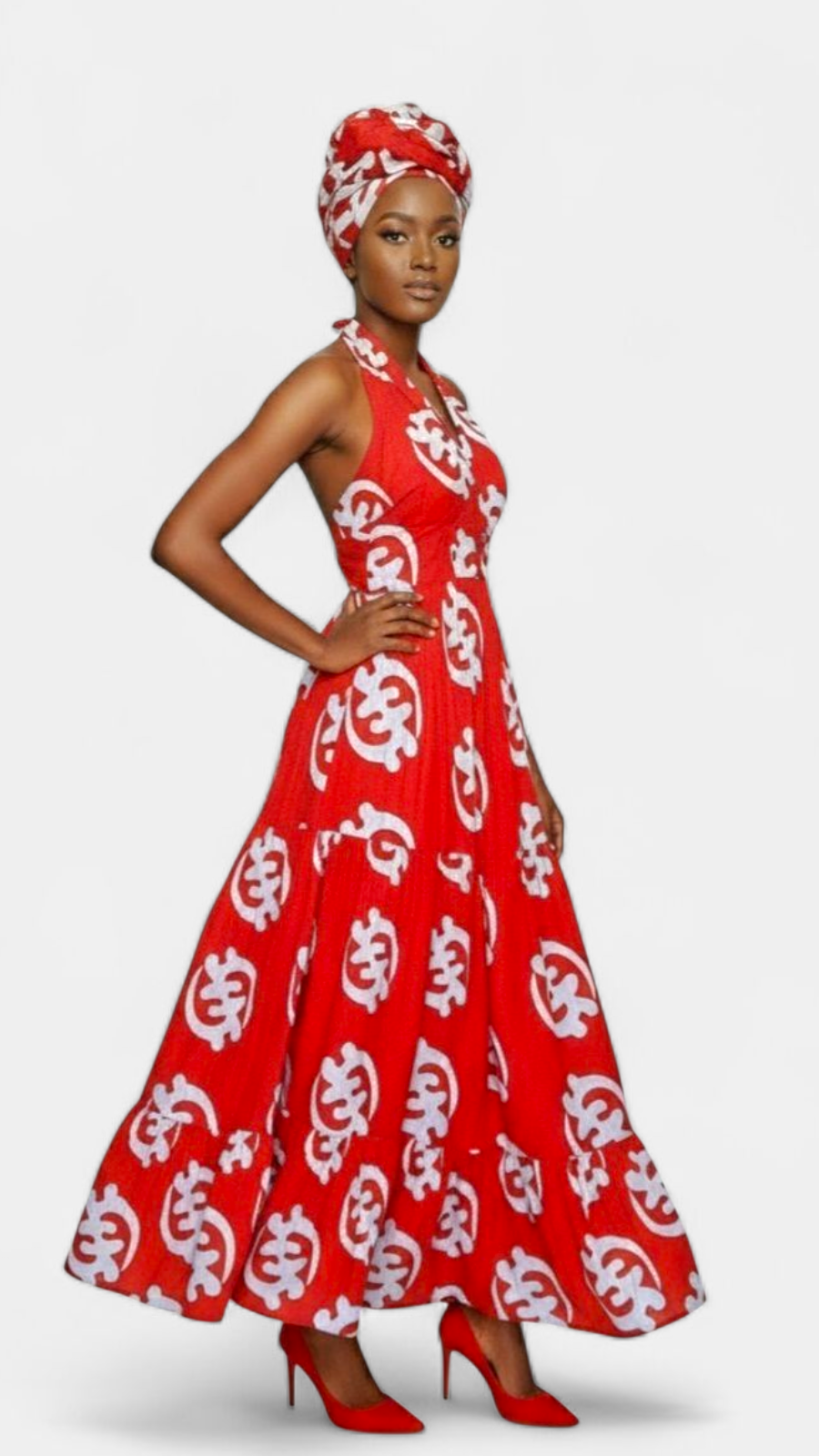 Smocked Halter Dress With Scarf Red Gynamee- 3028L