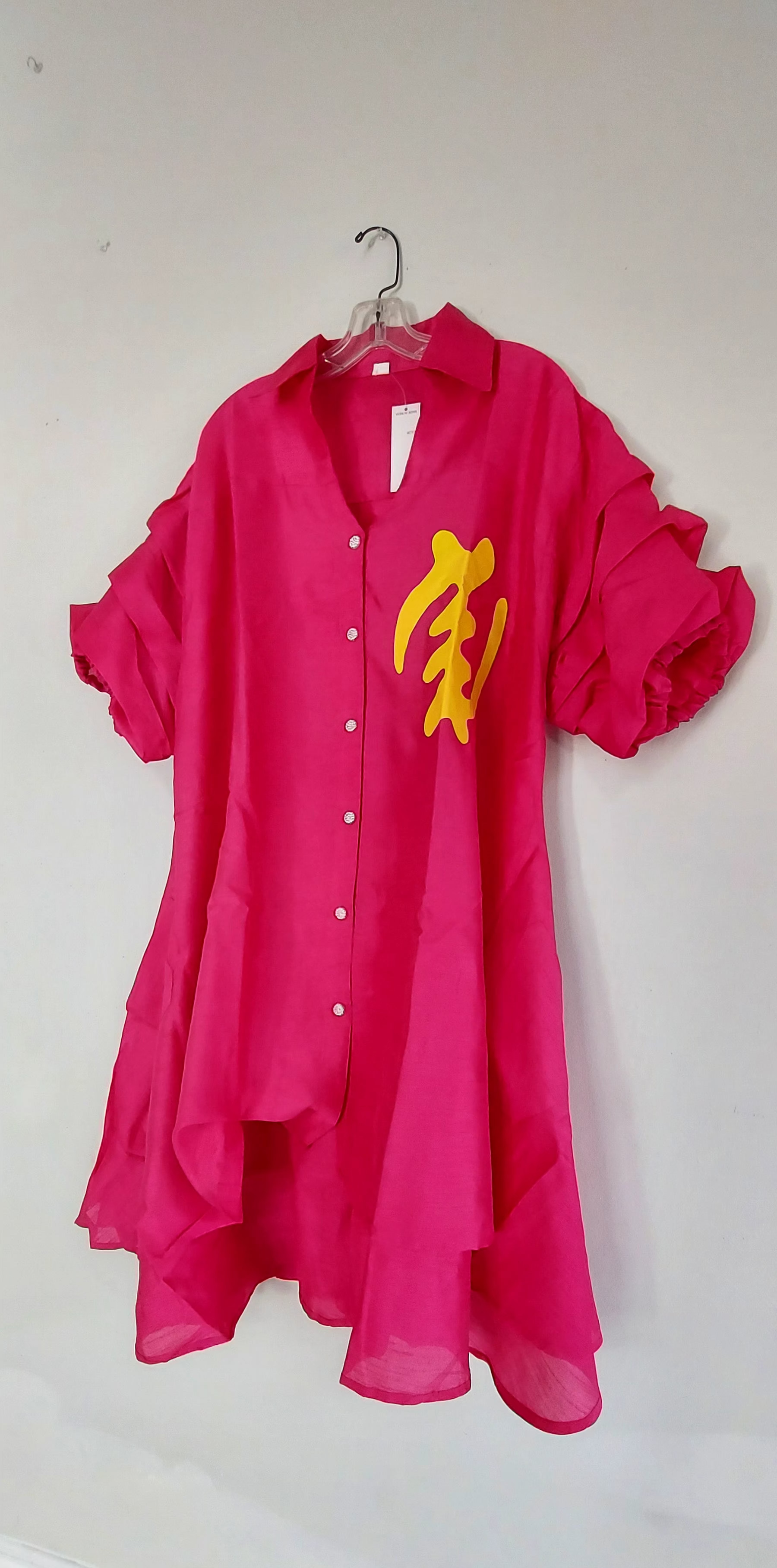 Swing Dress/ Faux Silk/ Ruffle Sleeve With Gyname Decal 758G Fuchsia