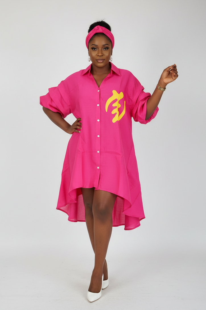 Swing Dress/ Faux Silk/ Ruffle Sleeve With Gyname Decal 758G Fuchsia