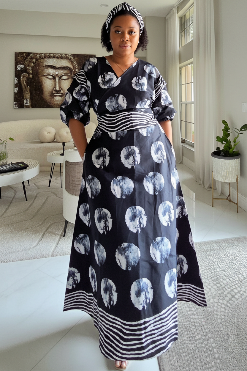 746 Wrap Dress With Puffed Sleeves Print 834