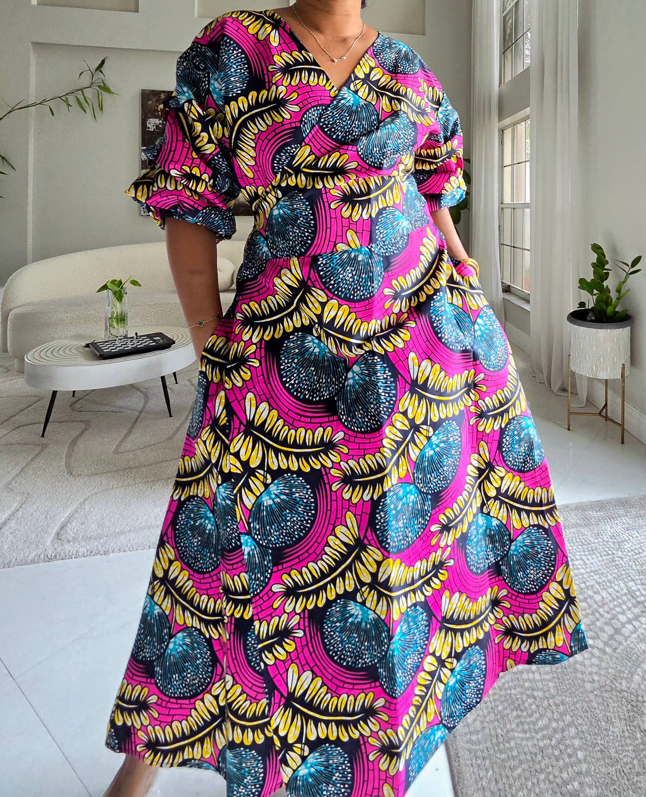 746 Wrap Dress With Puffed Sleeves Print Pink Floral