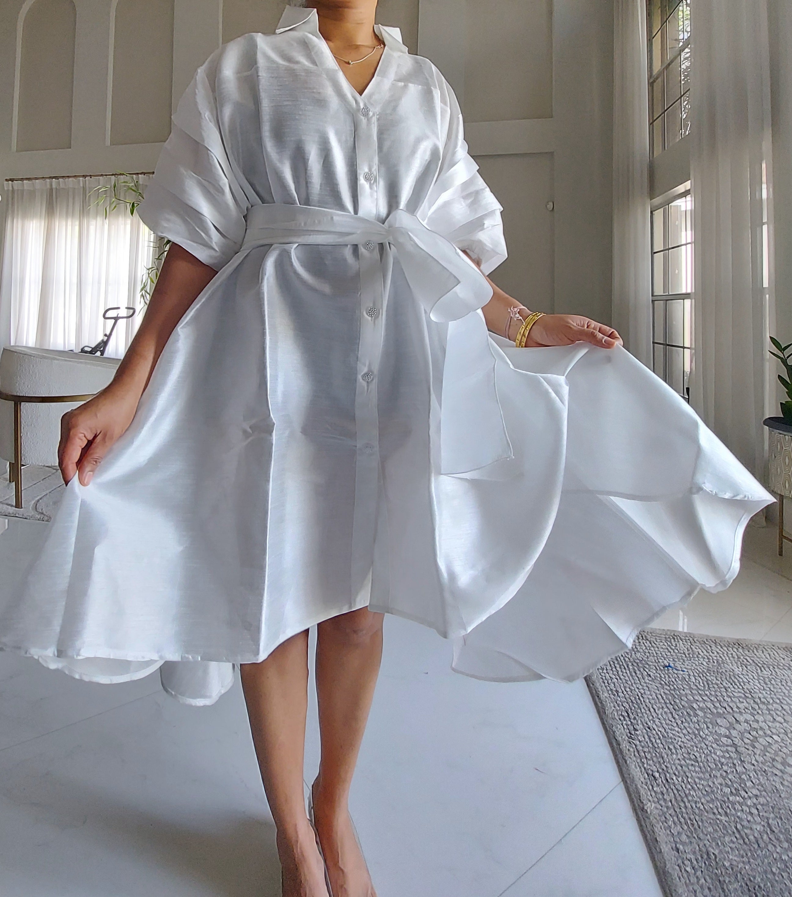 Swing Dress/ Faux Silk/ Ruffle Sleeve - White 758