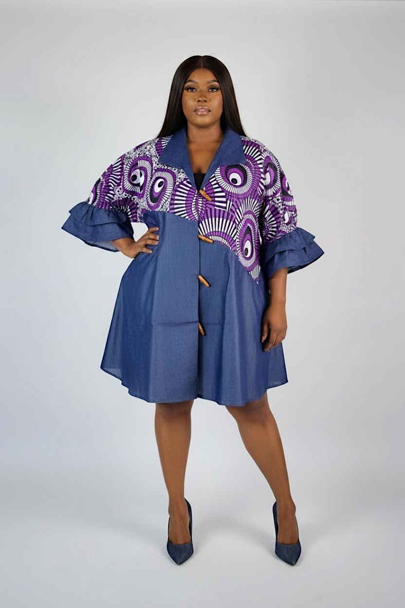 Denim Shirt Dress with Ankara African Print 3139-J