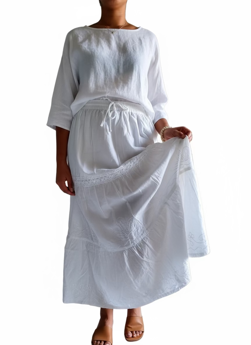 White Cotton Embroidery Skirt CS004