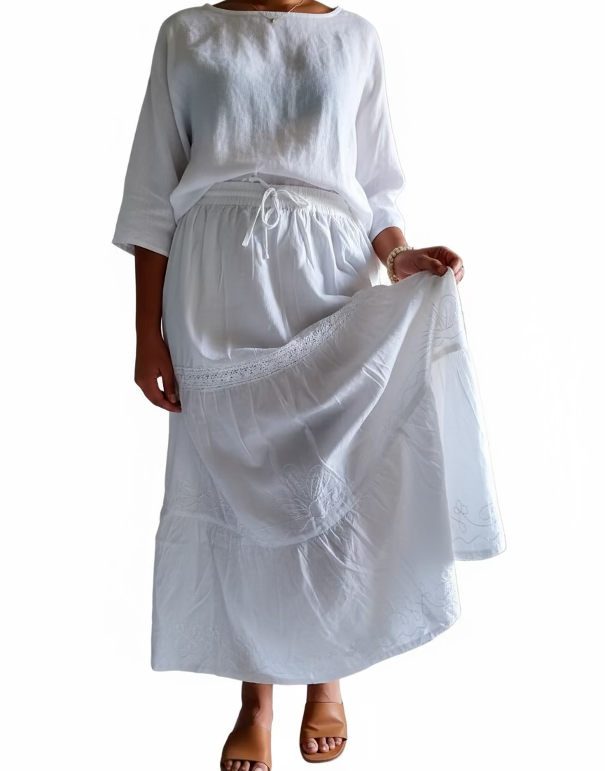 White Cotton Embroidery Skirt 004