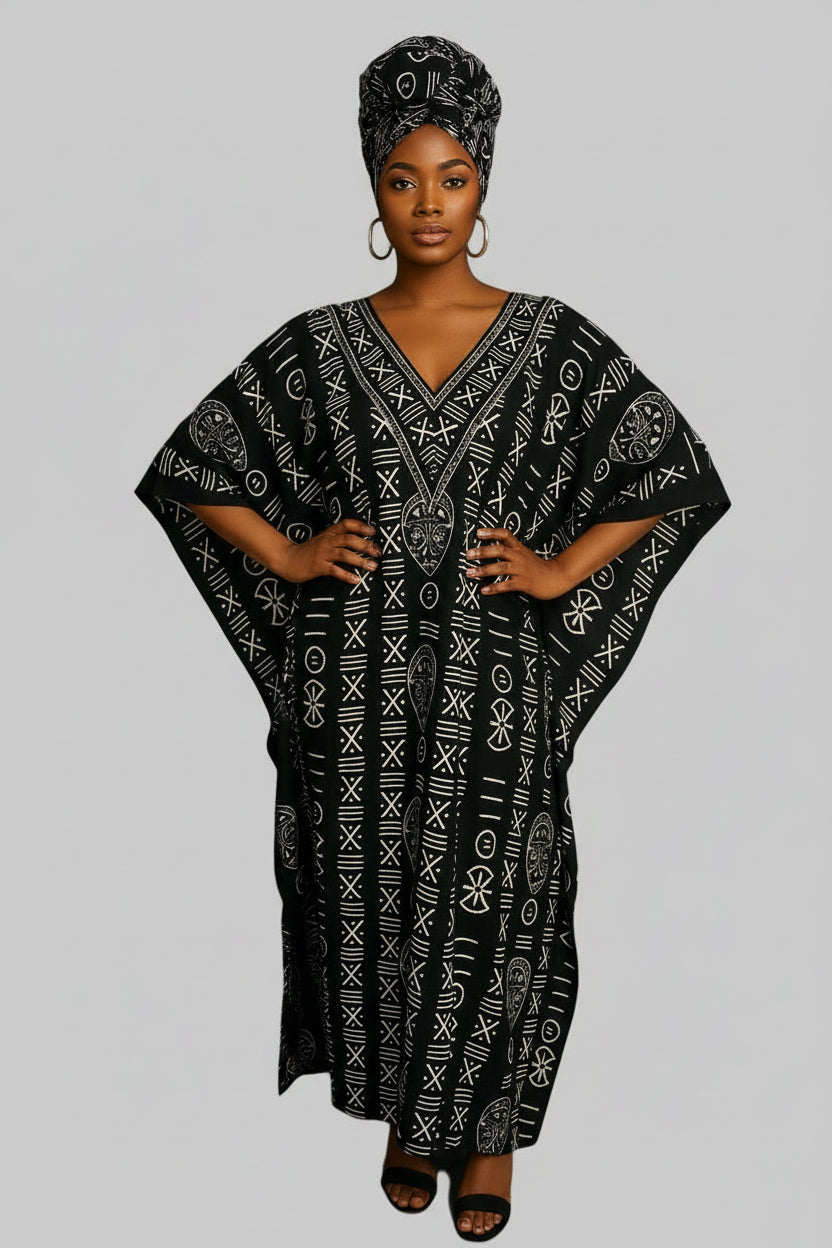 Kaftan Dress / Tribal Print Black/White KF02