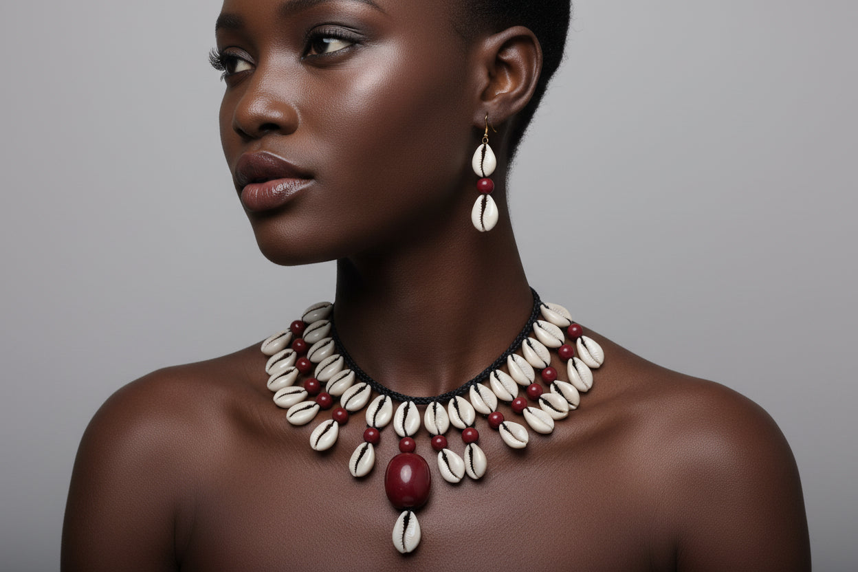 Cowrie Shell Necklace/ Earring Set- Burgundy