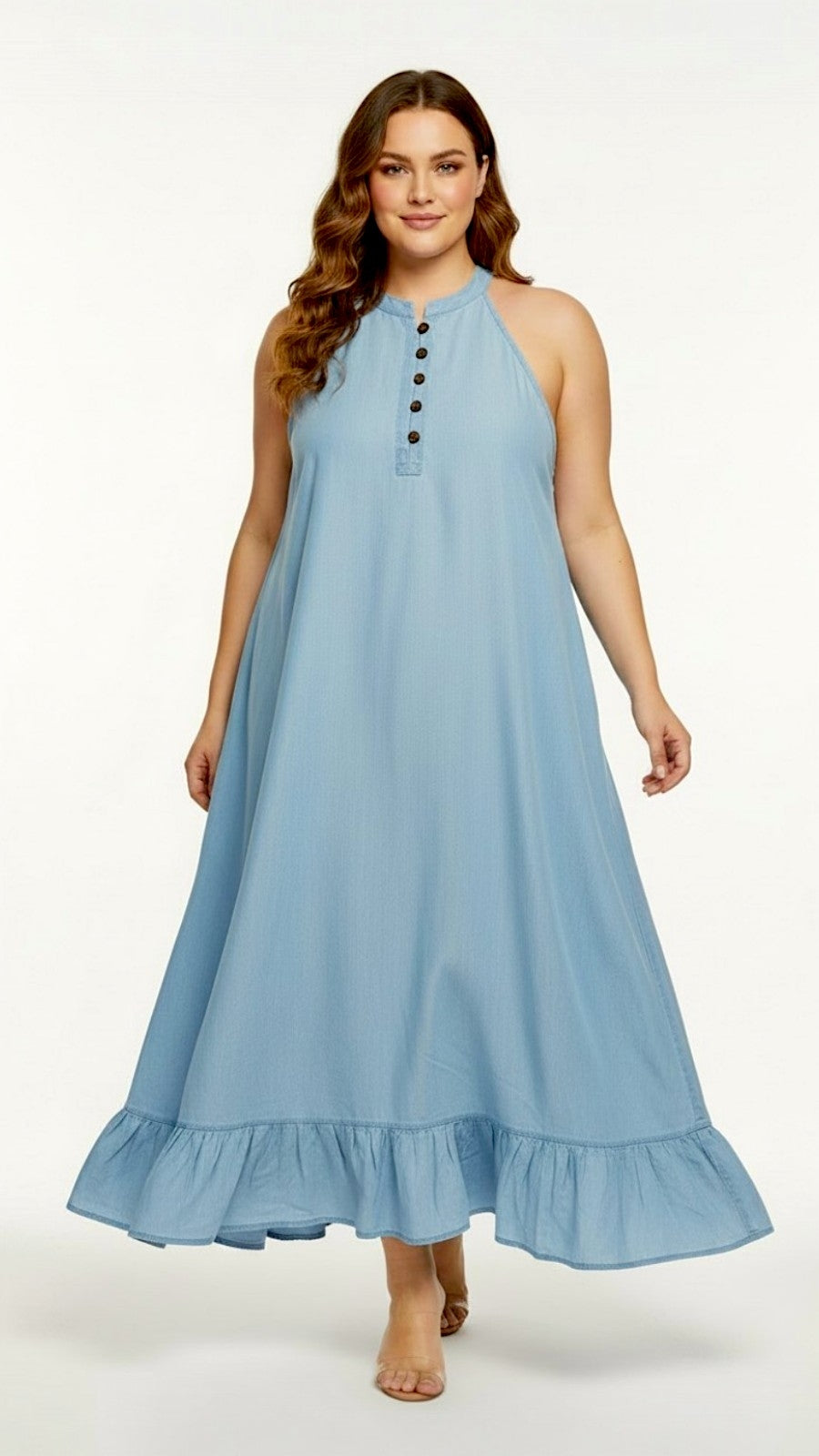 Haltered Neck Button Long Dress 795 Light Denim