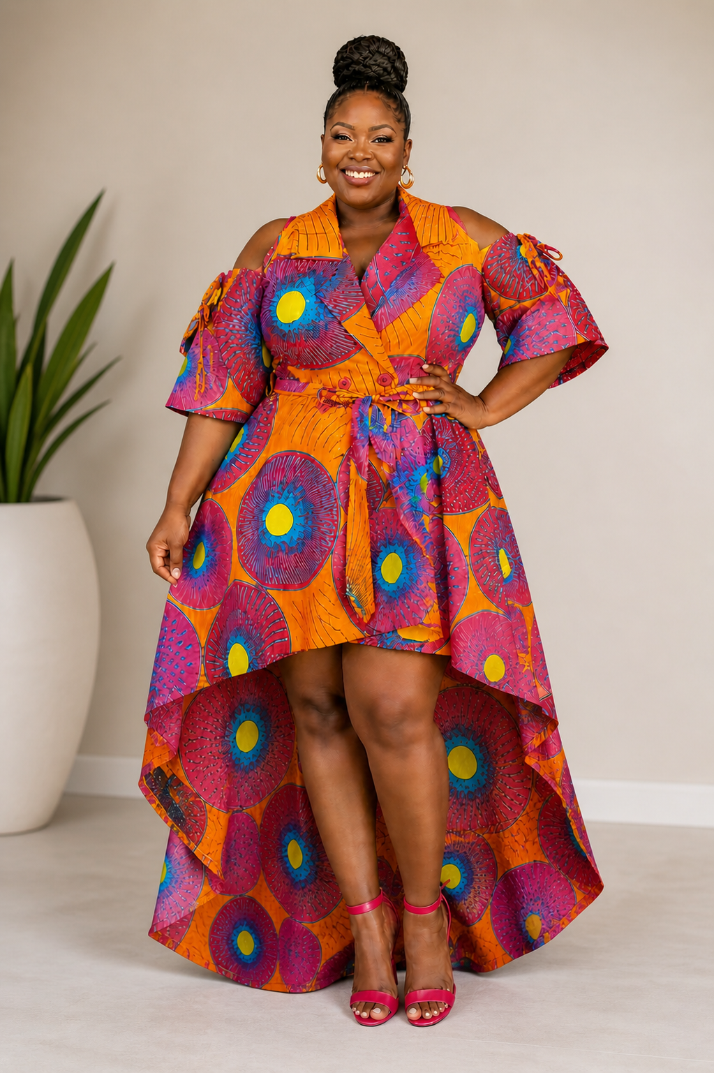 High-Low Cold Shoulder Ankara Dress 107F