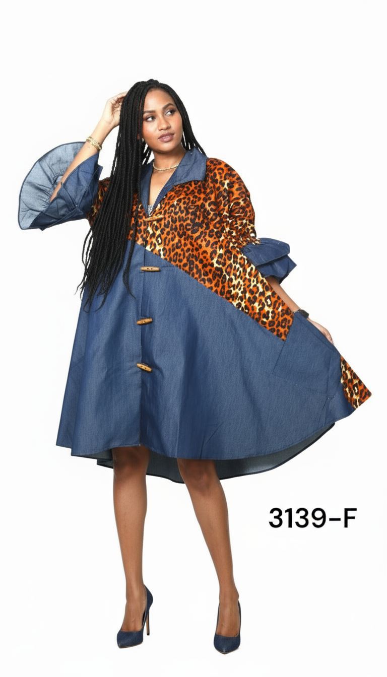 Denim Shirt Dress with Ankara African Print 3139-F