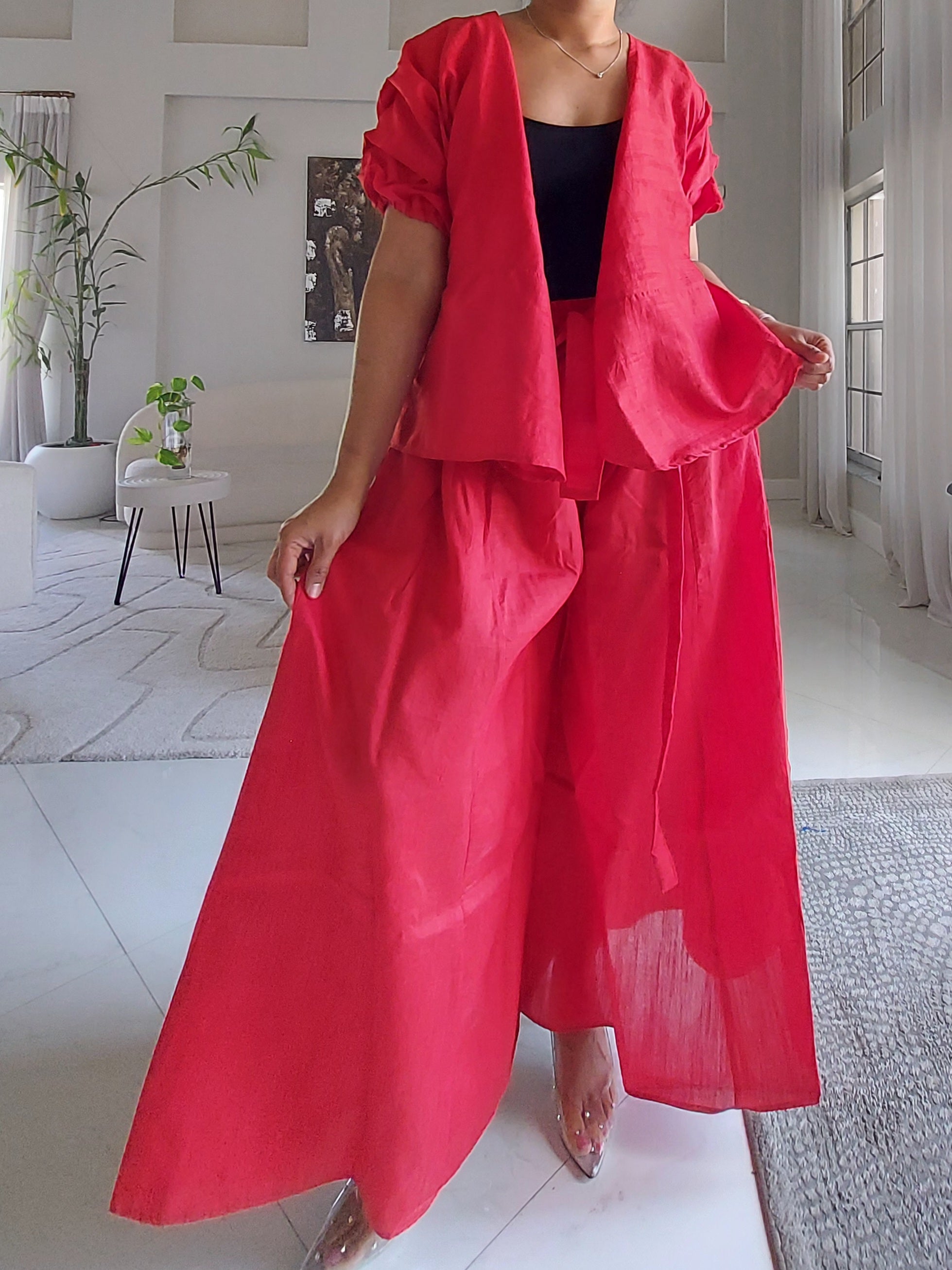 Faux Silk Palazzo Pant Set - Red 4196