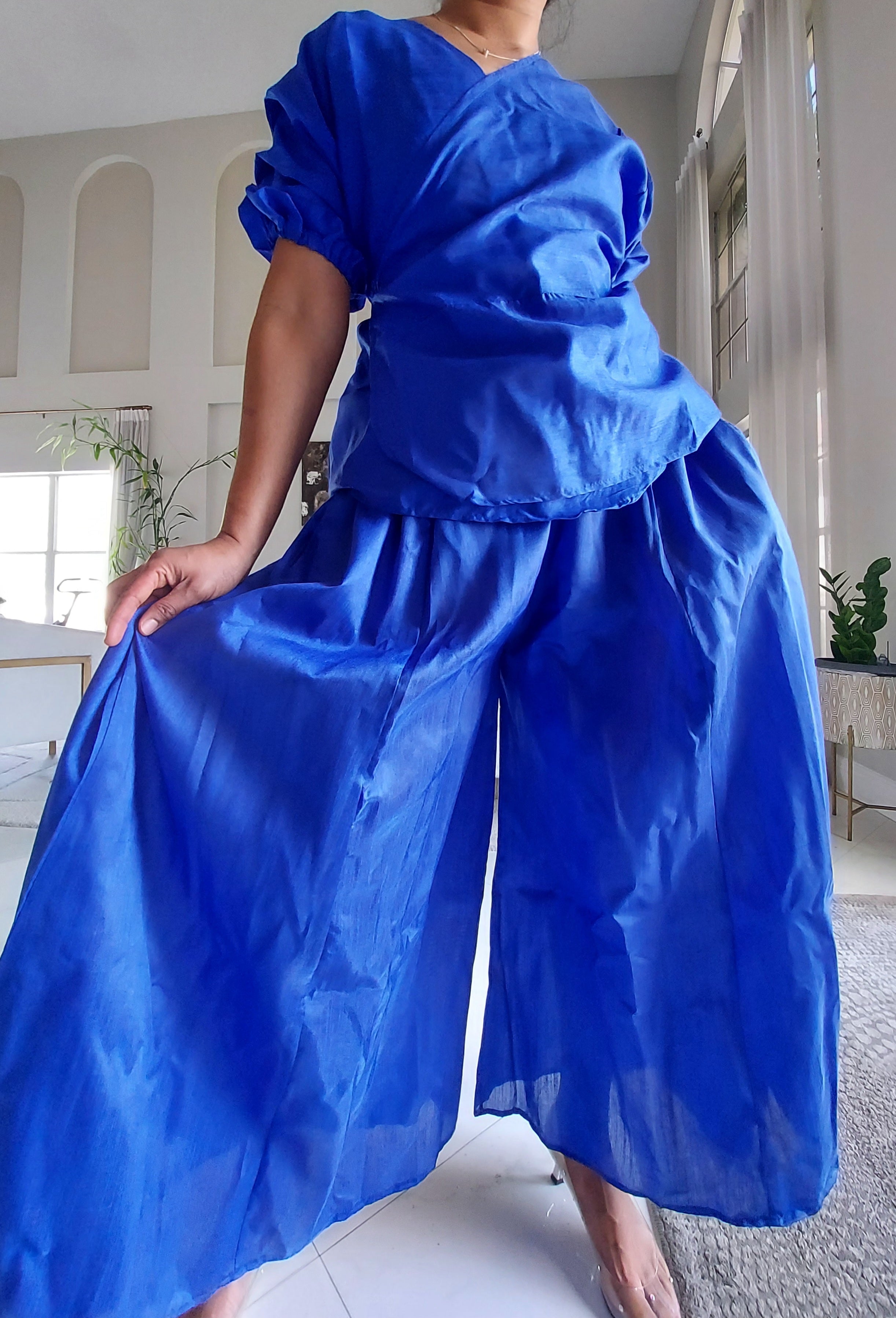 Faux Silk Palazzo Pant Set - Royal Blue 4196