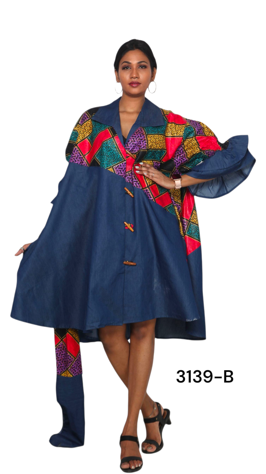 Denim Shirt Dress with Ankara African Print 3139-B