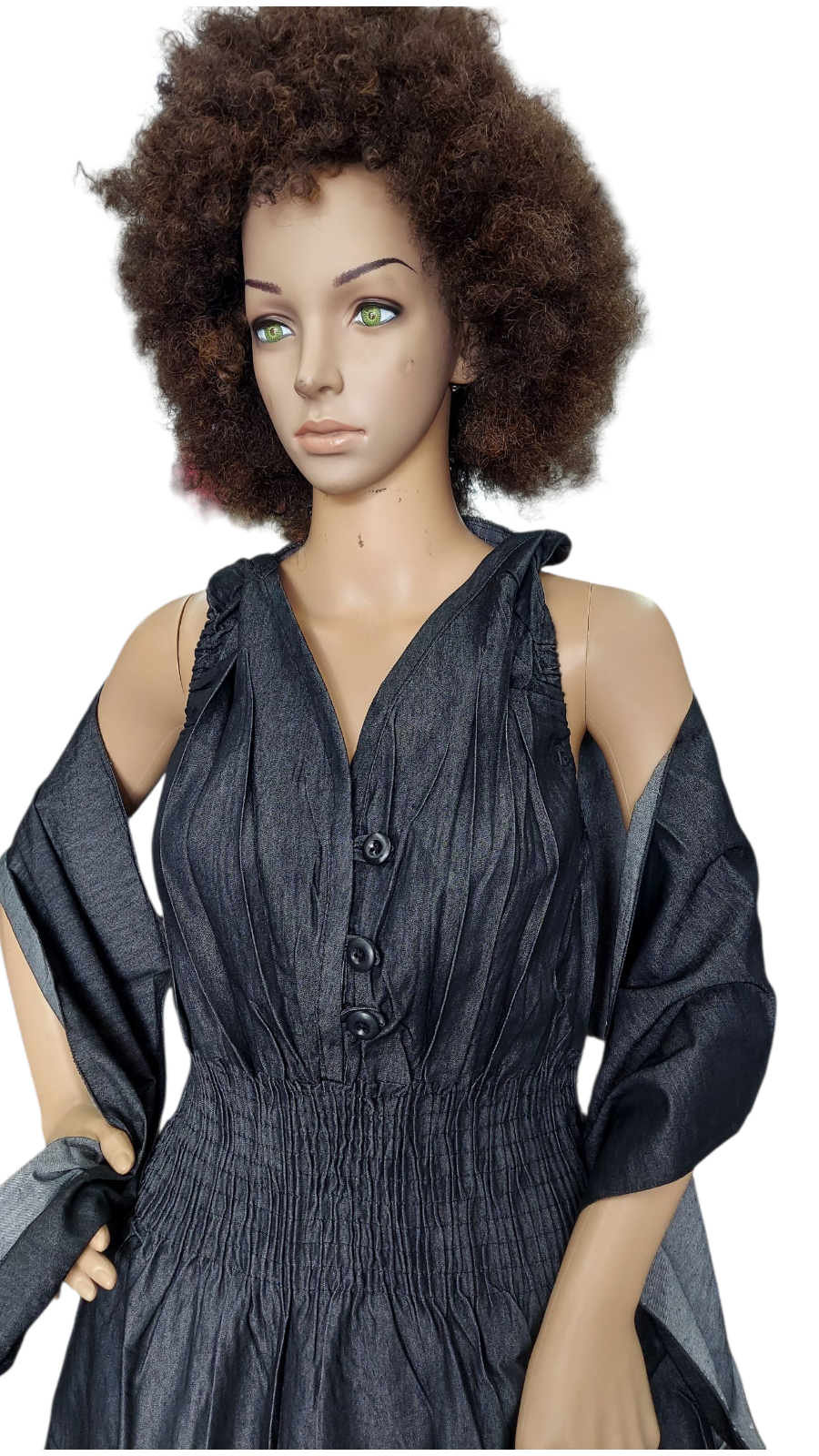 Smocked Halter Dress With Scarf Black Denim - 3028L