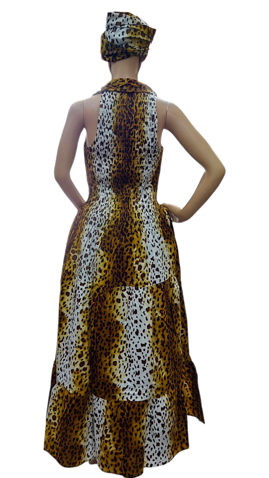 Smocked Halter Dress With Scarf Tan Animal- 3028L