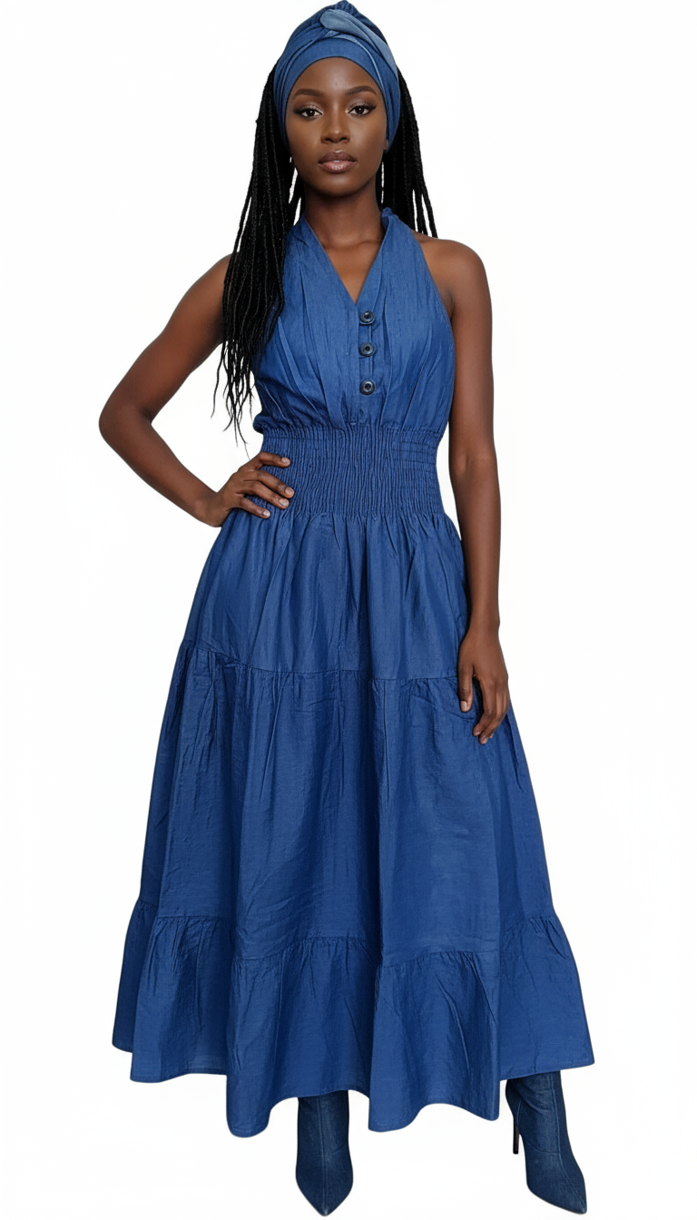 Smocked Halter Dress With Scarf Blue Denim - 3028L