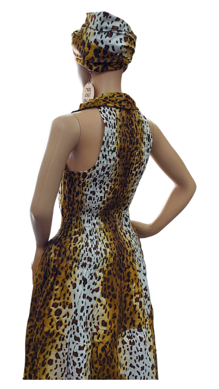 Smocked Halter Dress With Scarf Tan Animal- 3028L