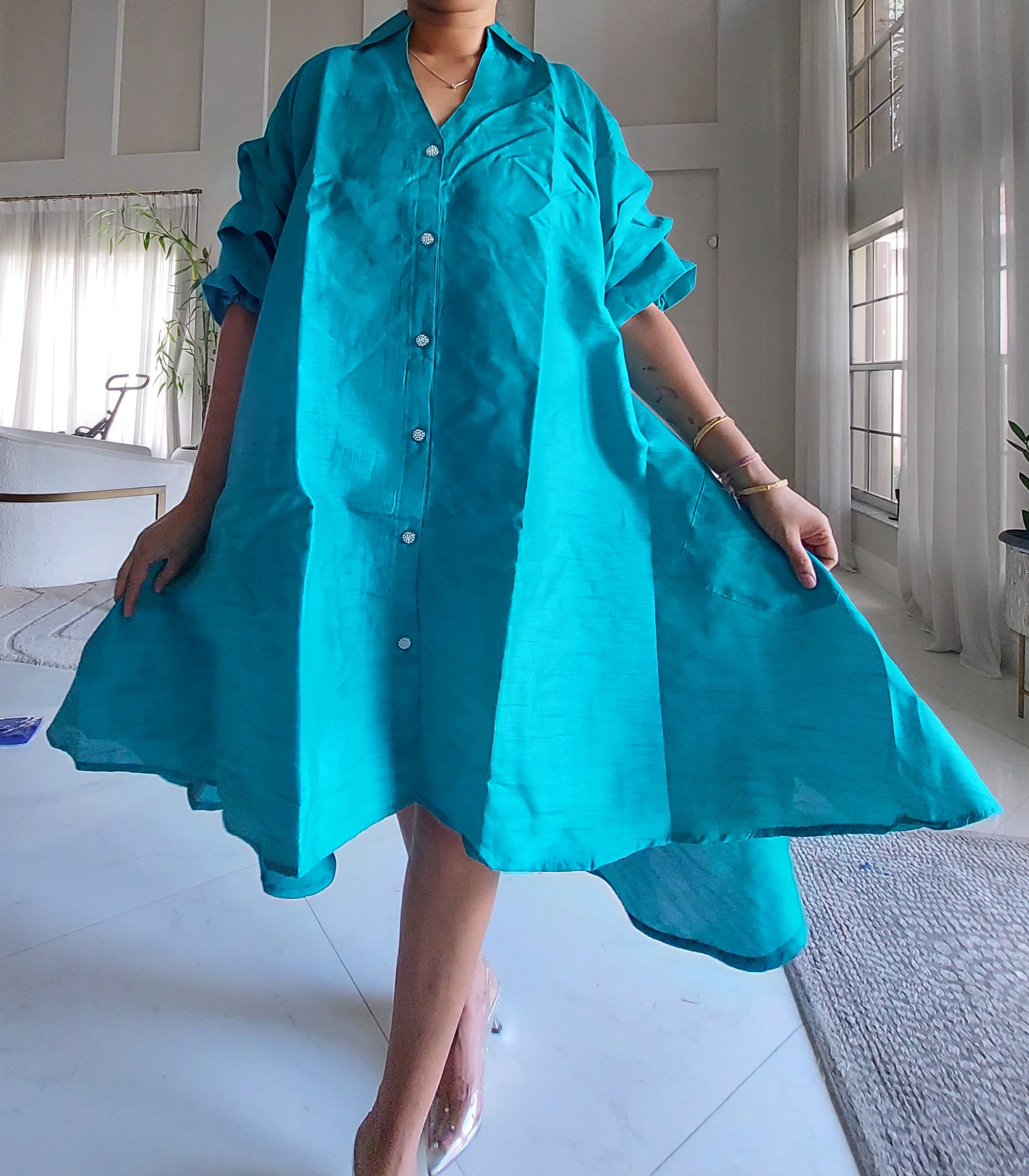 Swing Dress/ Faux Silk/ Ruffle Sleeve - 758 Teal