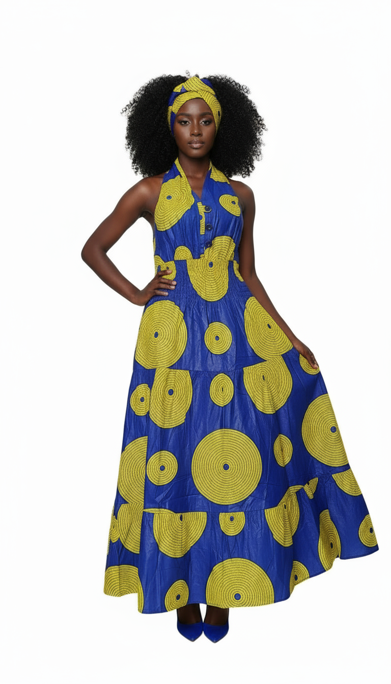 Smocked Halter Dress With Scarf Yellow Circle - 3028L
