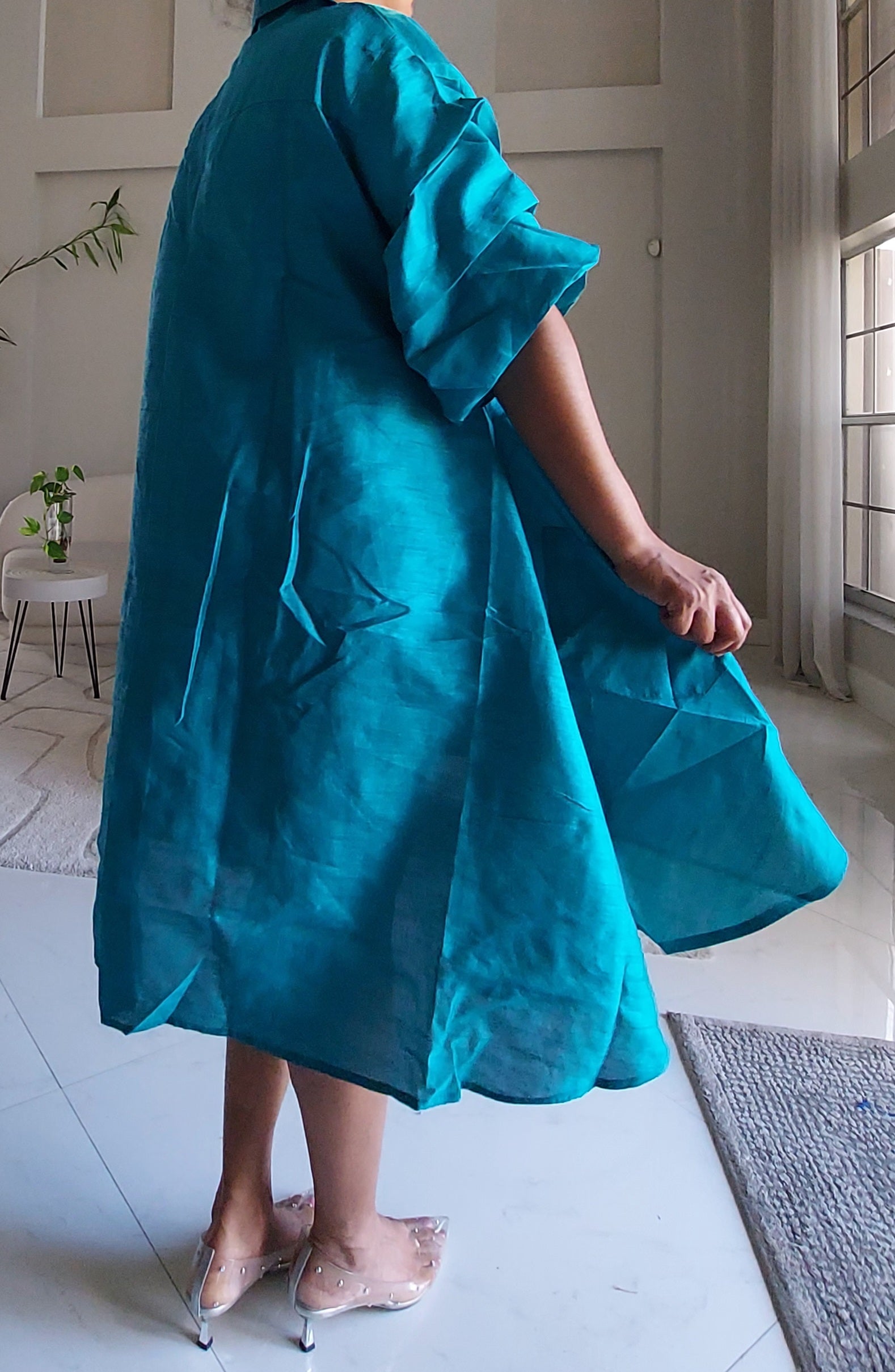 Swing Dress/ Faux Silk/ Ruffle Sleeve - 758 Teal