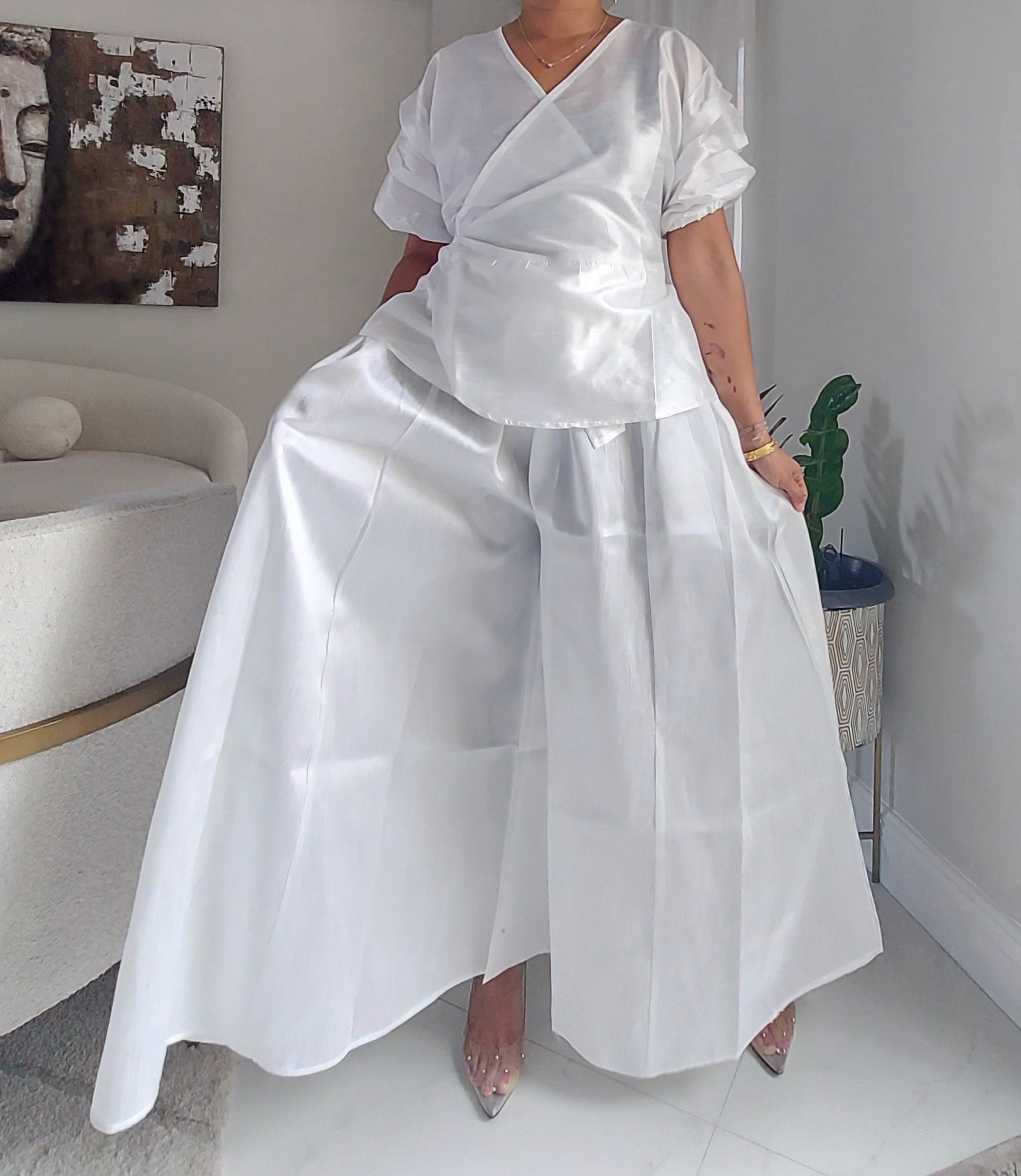 Faux Silk Palazzo Pant Set - 4196 White