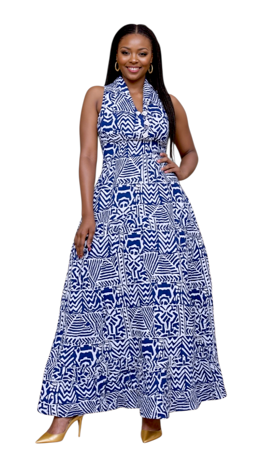 Long Smocked Dress With Scarf 5005 / 3028L Blue/White