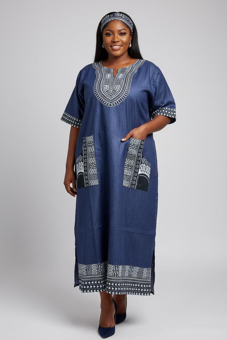 Denim / Dashiki kaftan Dress- Darkest Green India Batik Denim / Dashiki kaftan Dress- Darkest Green India Batik