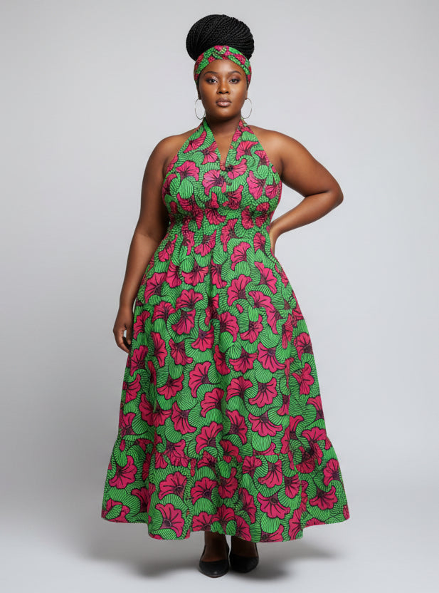 Smocked Halter Dress With Scarf Fuchsia Floral - 3028L