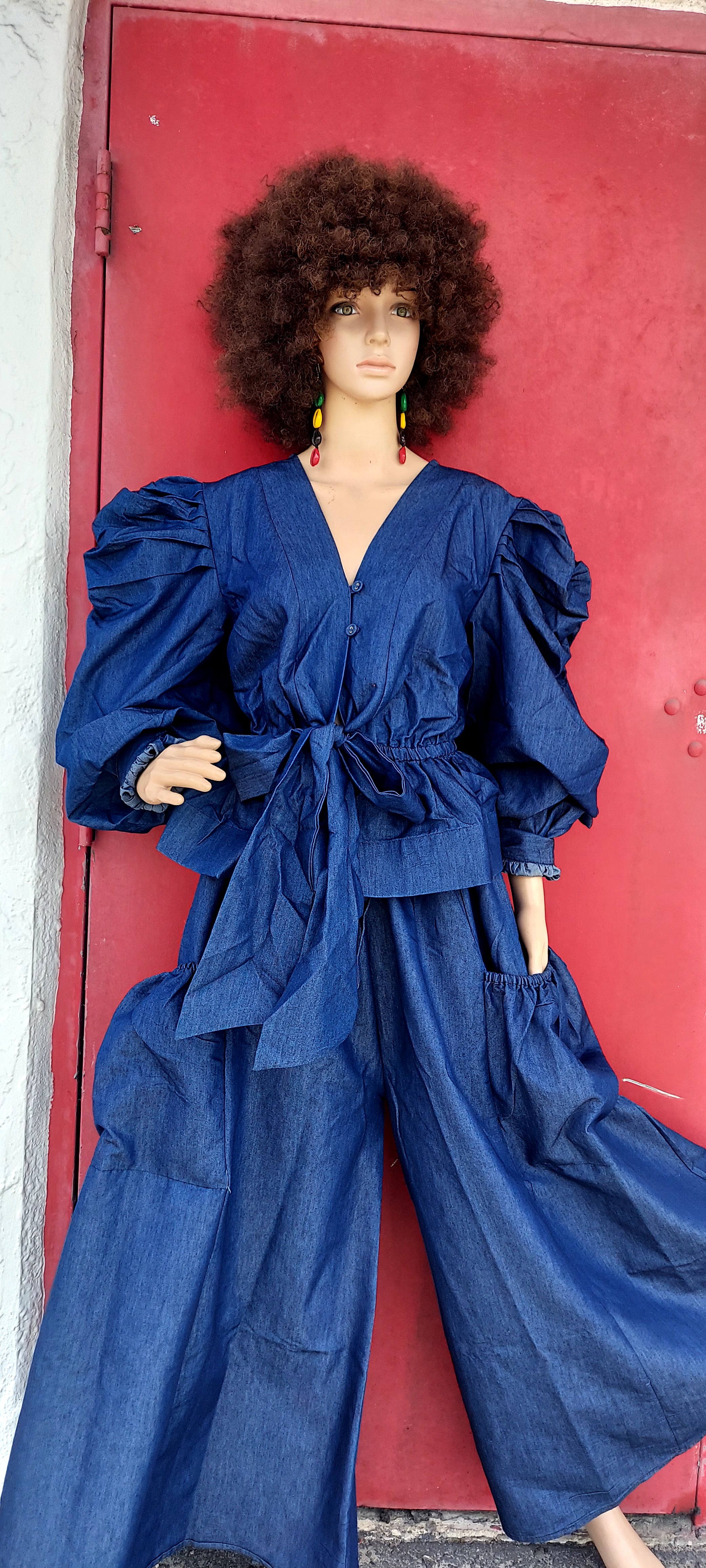 Women Set -  Denim Palazzo  Pant & Top - Indigo Blue