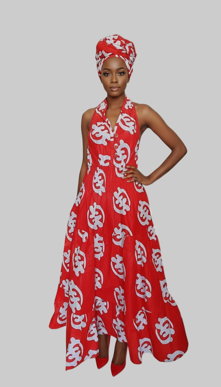 Smocked Halter Dress With Scarf Red Gynamee- 3028L