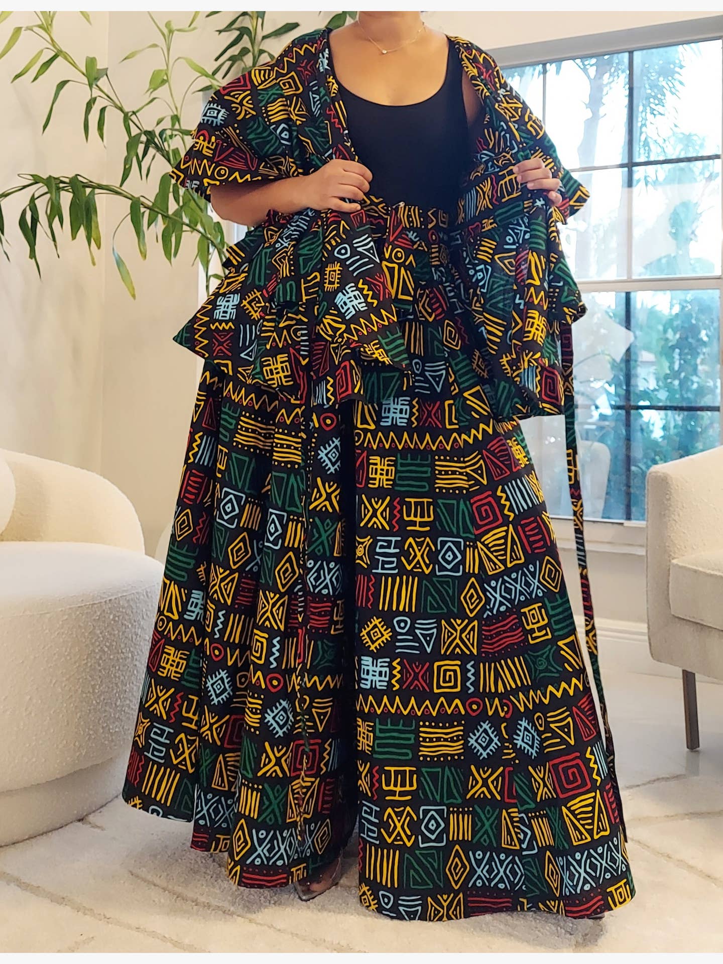 Palazzo Pant & Wrap Blouse - Black/Rasta