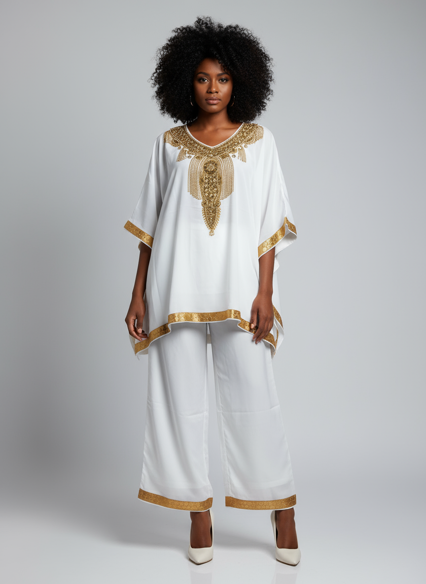 kaftan Palazzo Set White And Gold - kP05