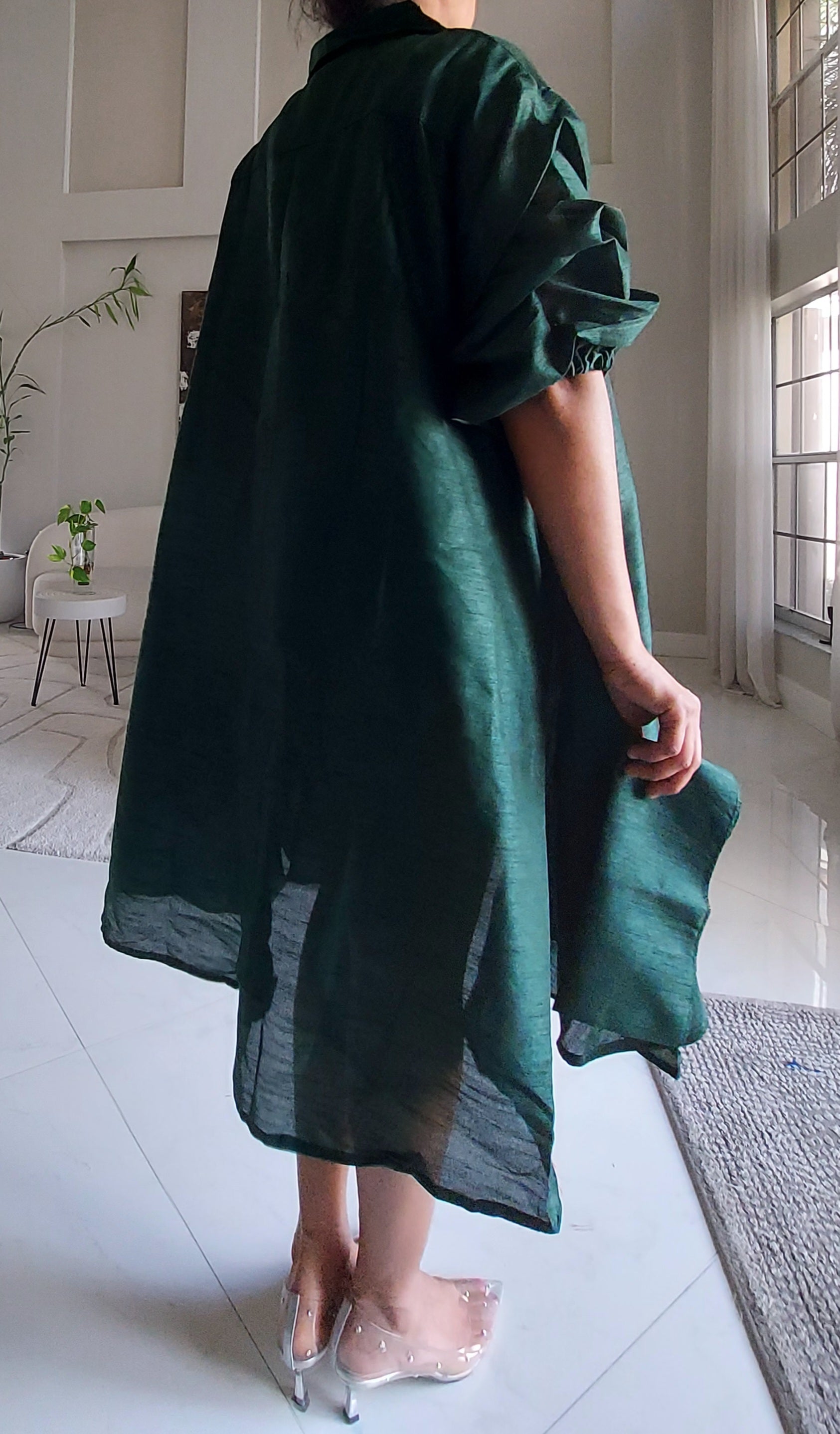 Swing Dress/ Faux Silk/ Ruffle Sleeve - 758 Forest Green
