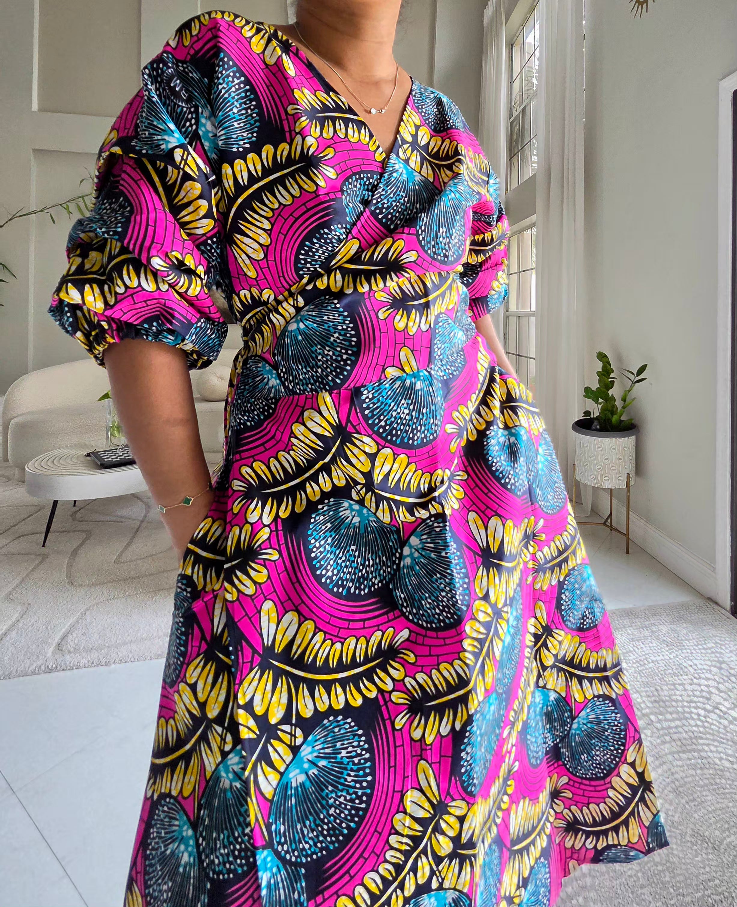 746 Wrap Dress With Puffed Sleeves Print Pink Floral