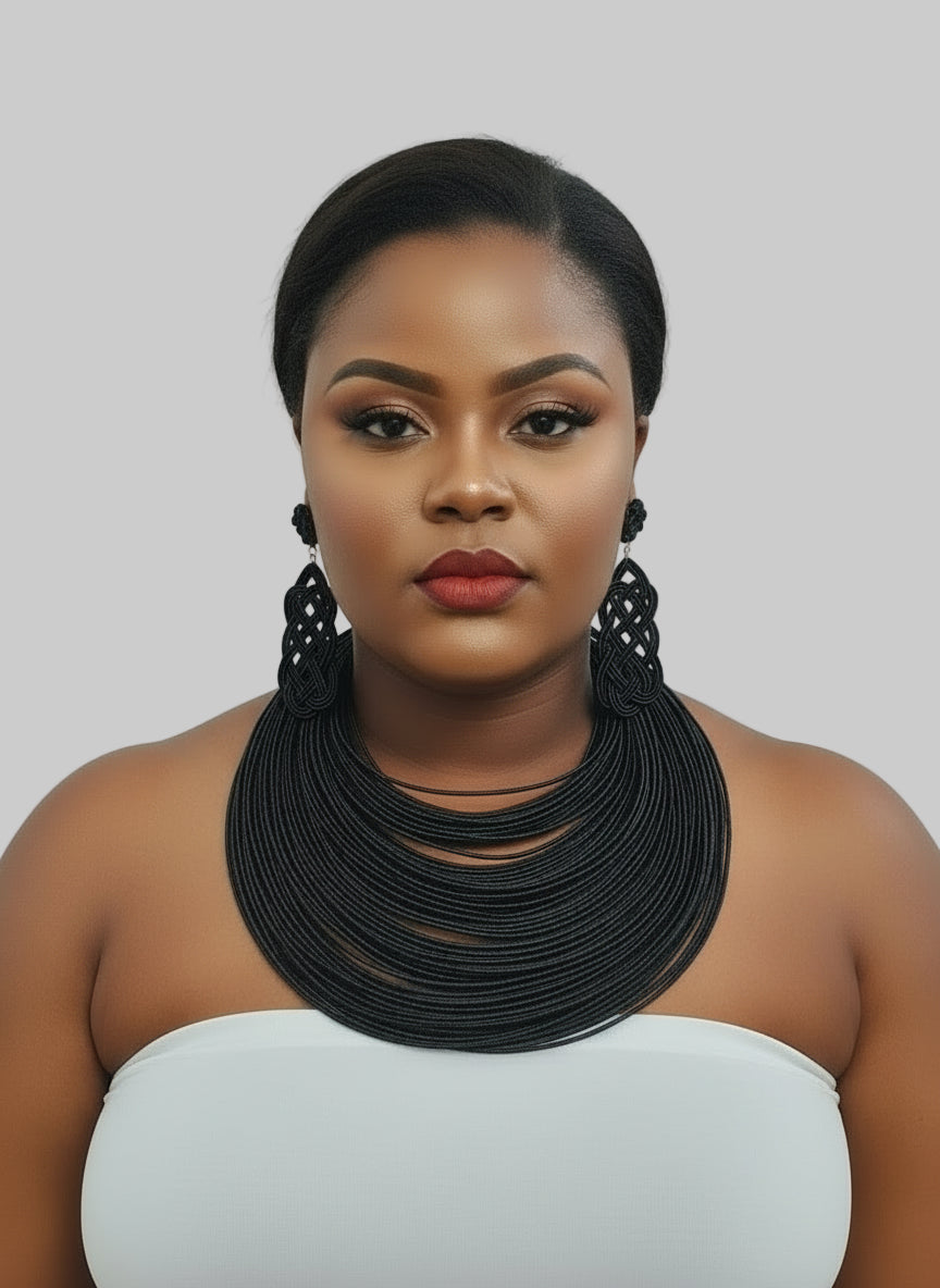 Rope Layered Necklace & Earrings Set Black