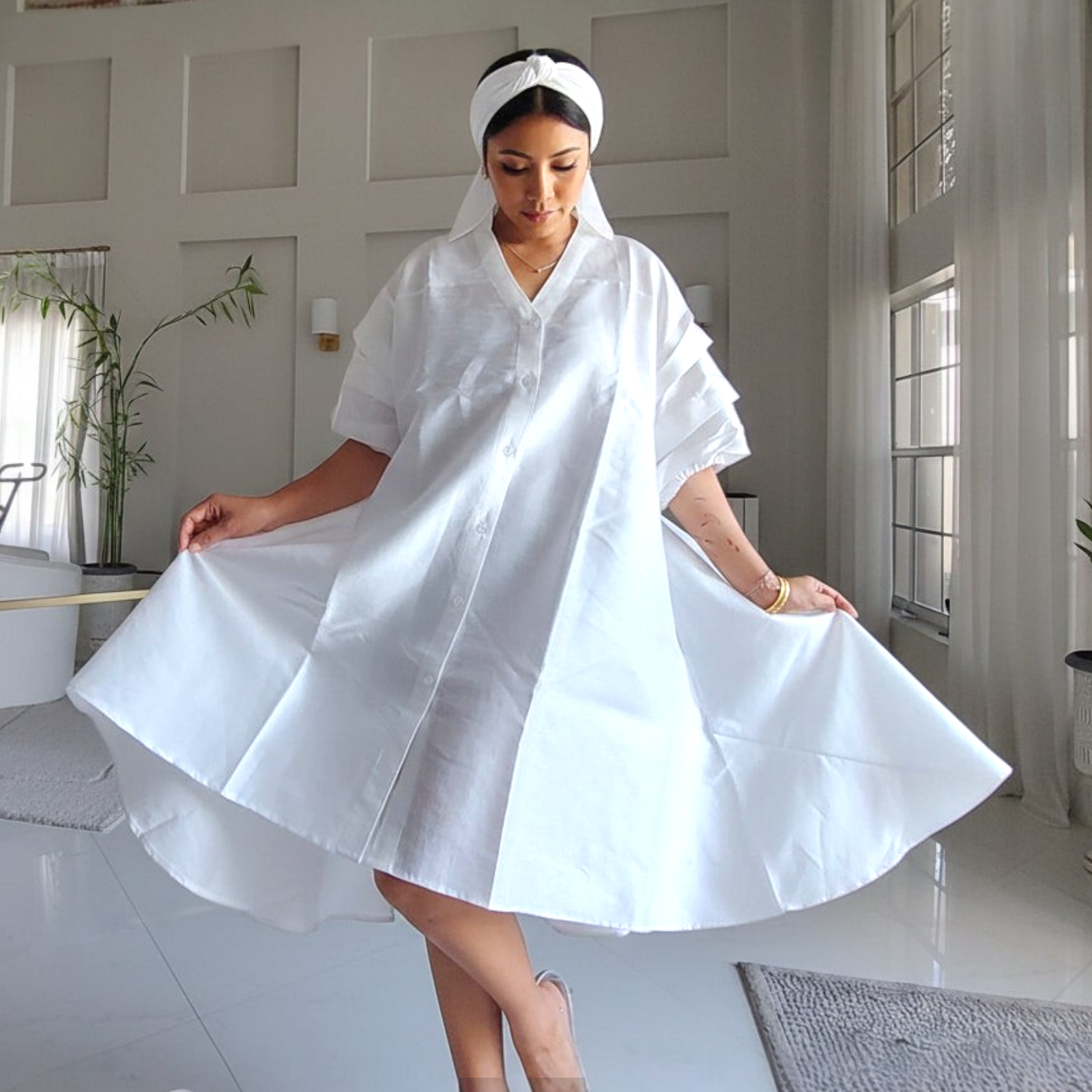 Swing Dress/ Faux Silk/ Ruffle Sleeve - White 758