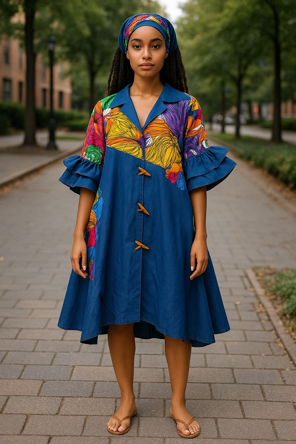 Denim Shirt Dress with Ankara African Print 3139-A