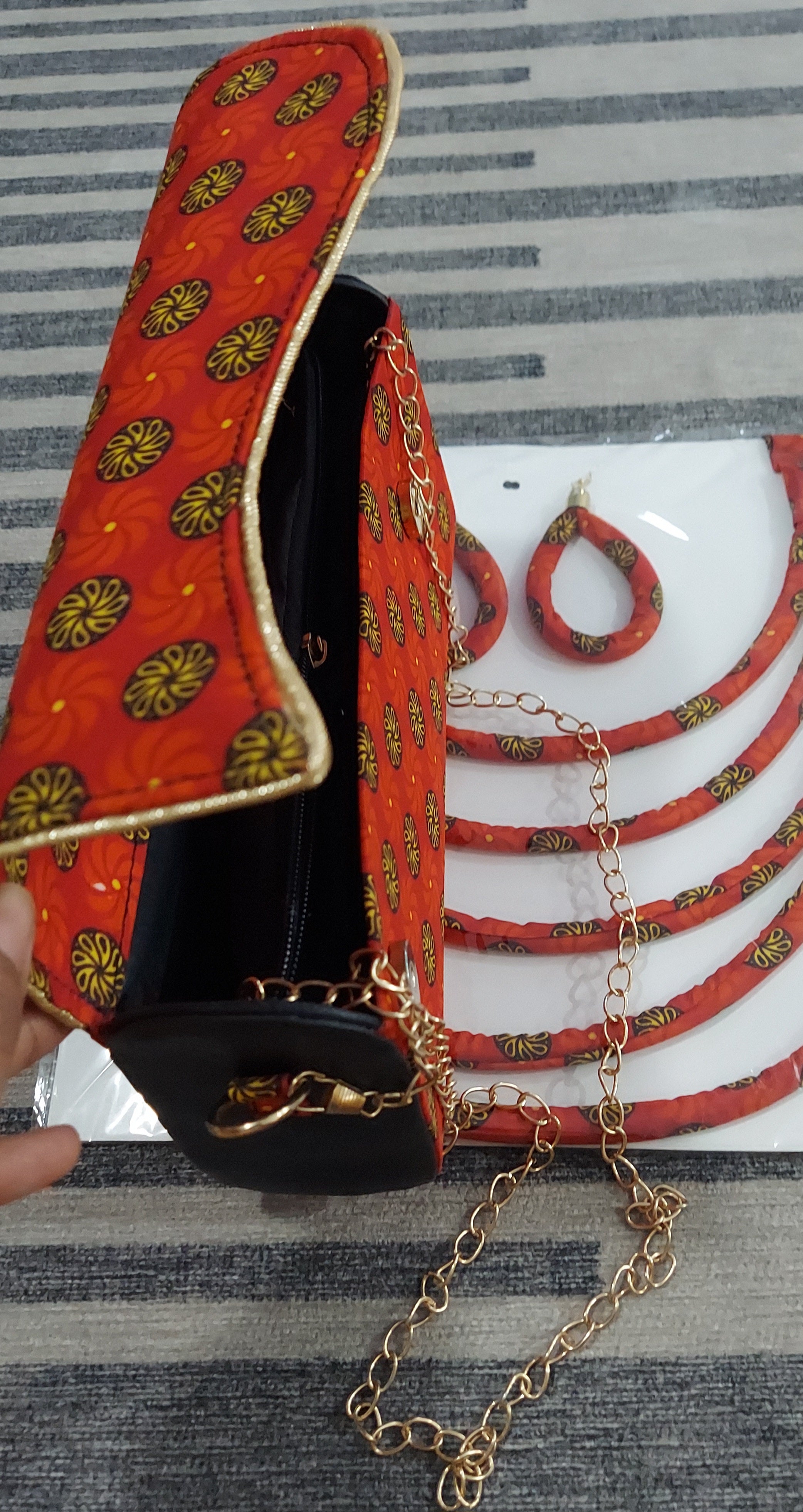 Clutch Bag & Rope  Necklace Set /African Kente /Ankara 22 Red