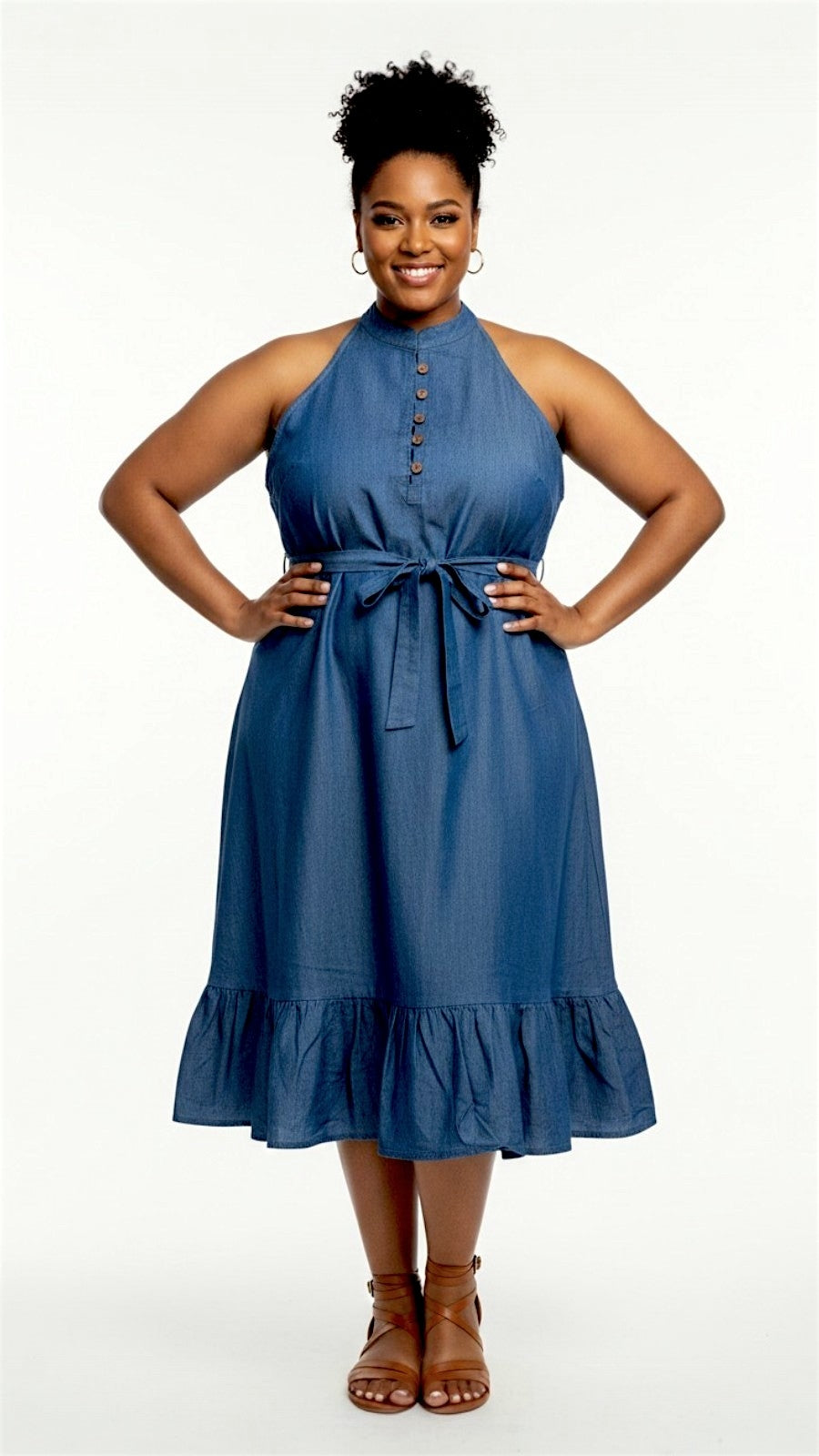 Haltered Neck Button Middi Dress 796 Dark Denim