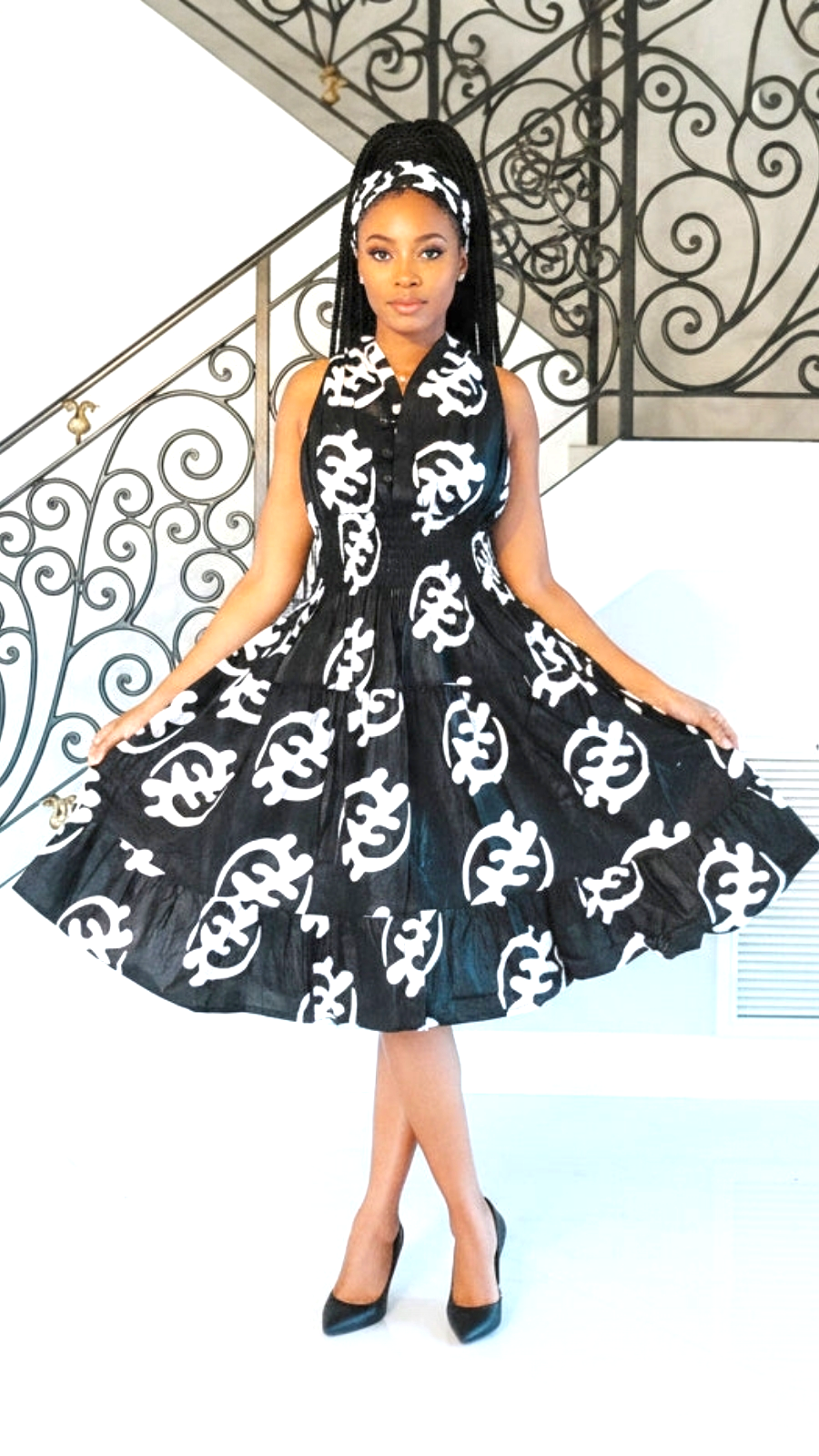 3028M Woman's Mid-Length Smock Dress-Gyname Print