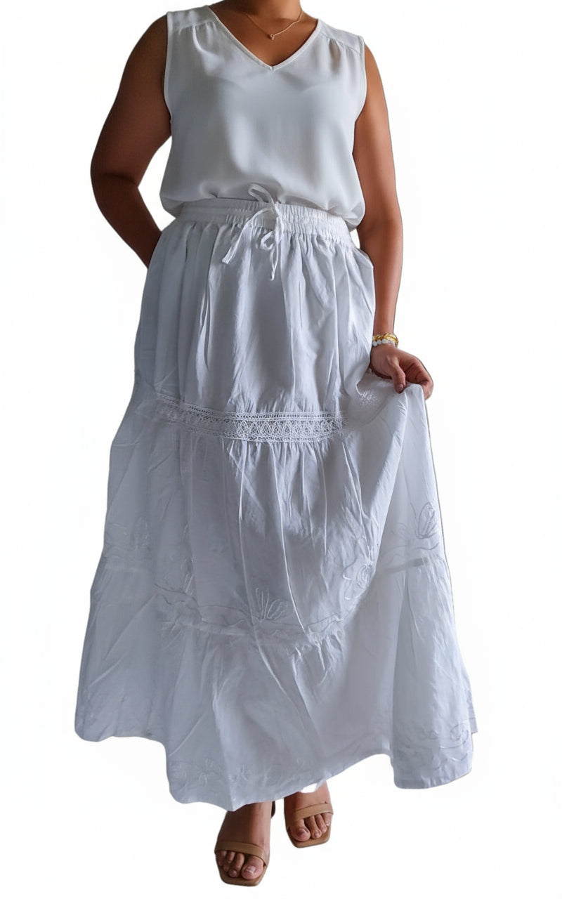 White Cotton Embroidery Skirt CS004