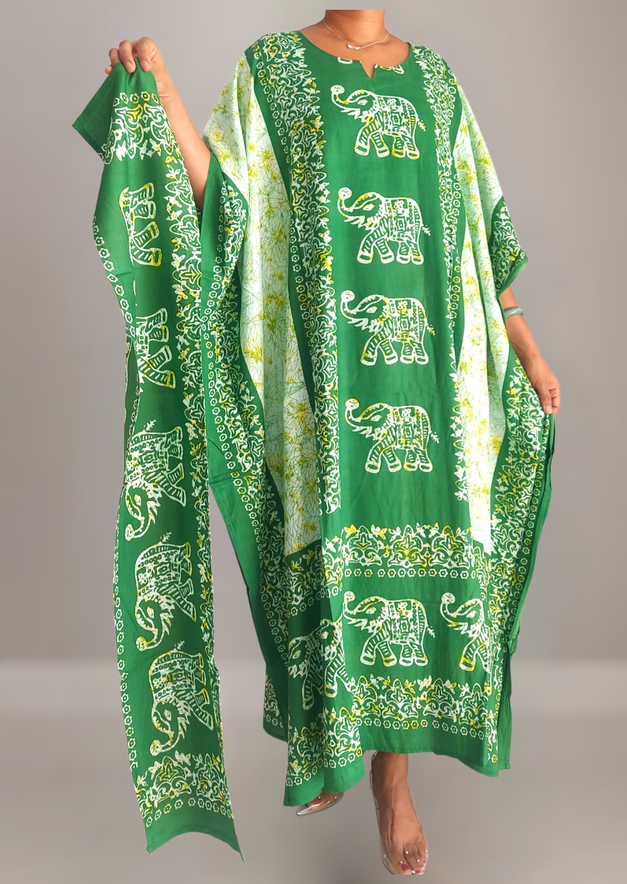 Elephant Print  Kaftan Dress - k1000 Green