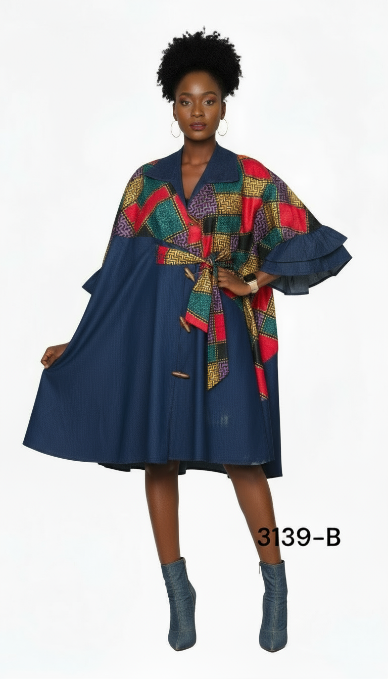 Denim Swing Dress with Ankara African Print 3139-B