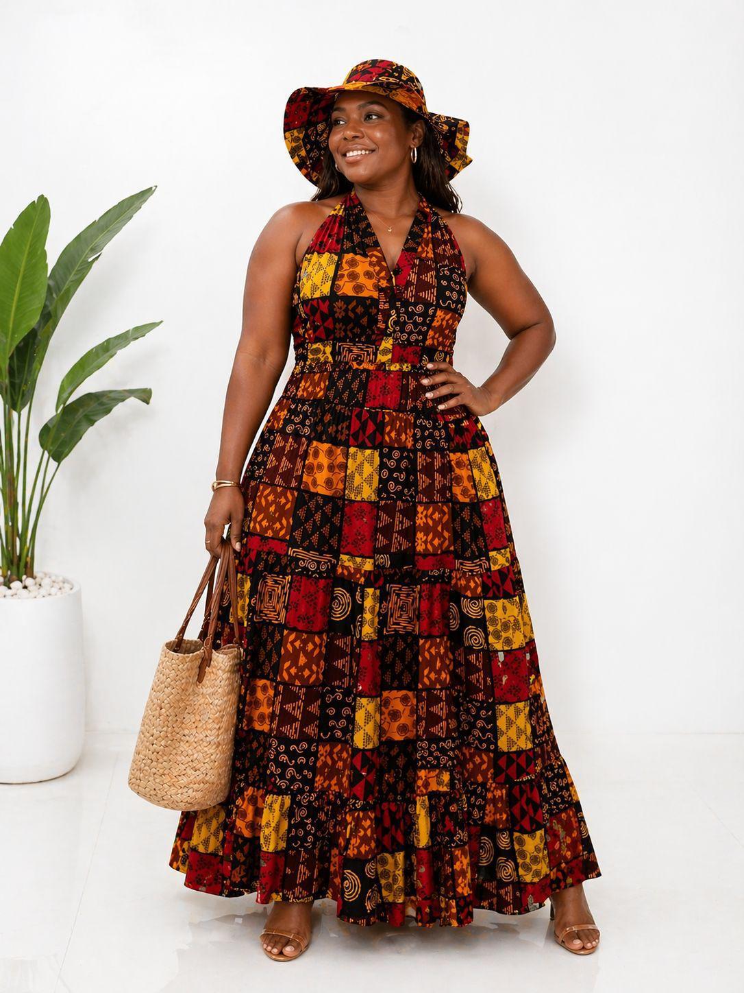 Halter Dress With Hat KVZ90-5 Brown
