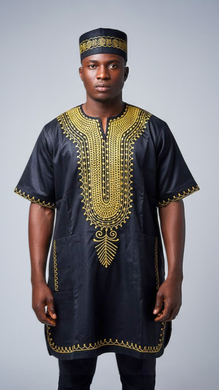 M031 Unisex kurta Embroidery Top  With Kufi Hat - Black