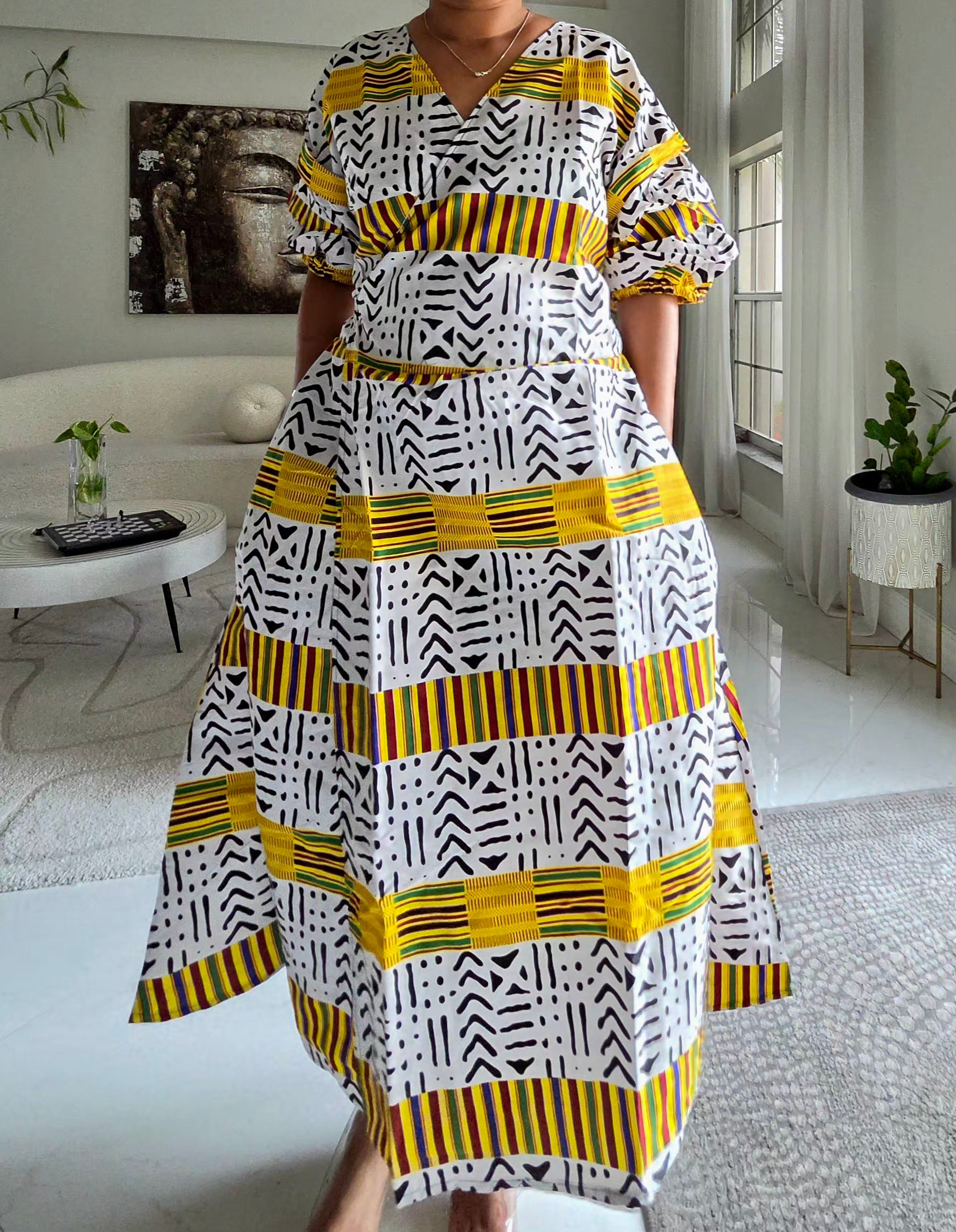 746 Wrap Dress With Puffed Sleeves Print 847