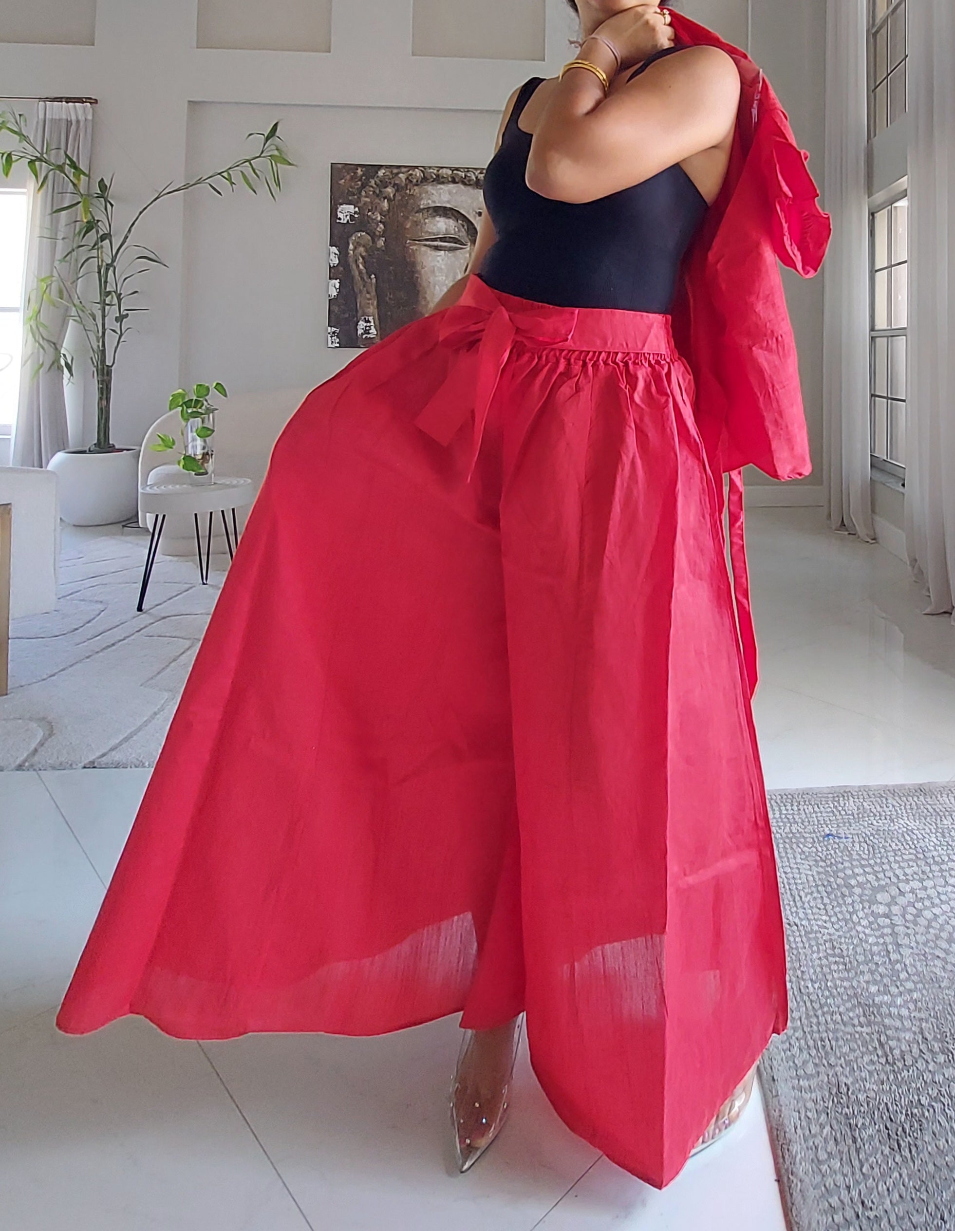 Faux Silk Palazzo Pant Set - Red 4196