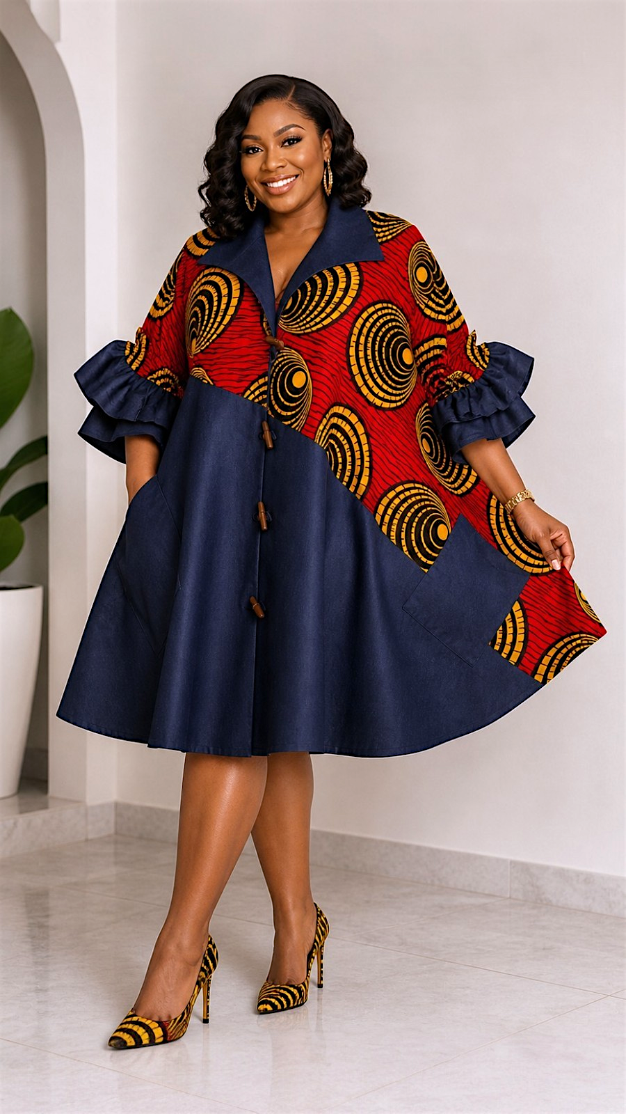 Denim Shirt Dress with Ankara African Print 3139 - P