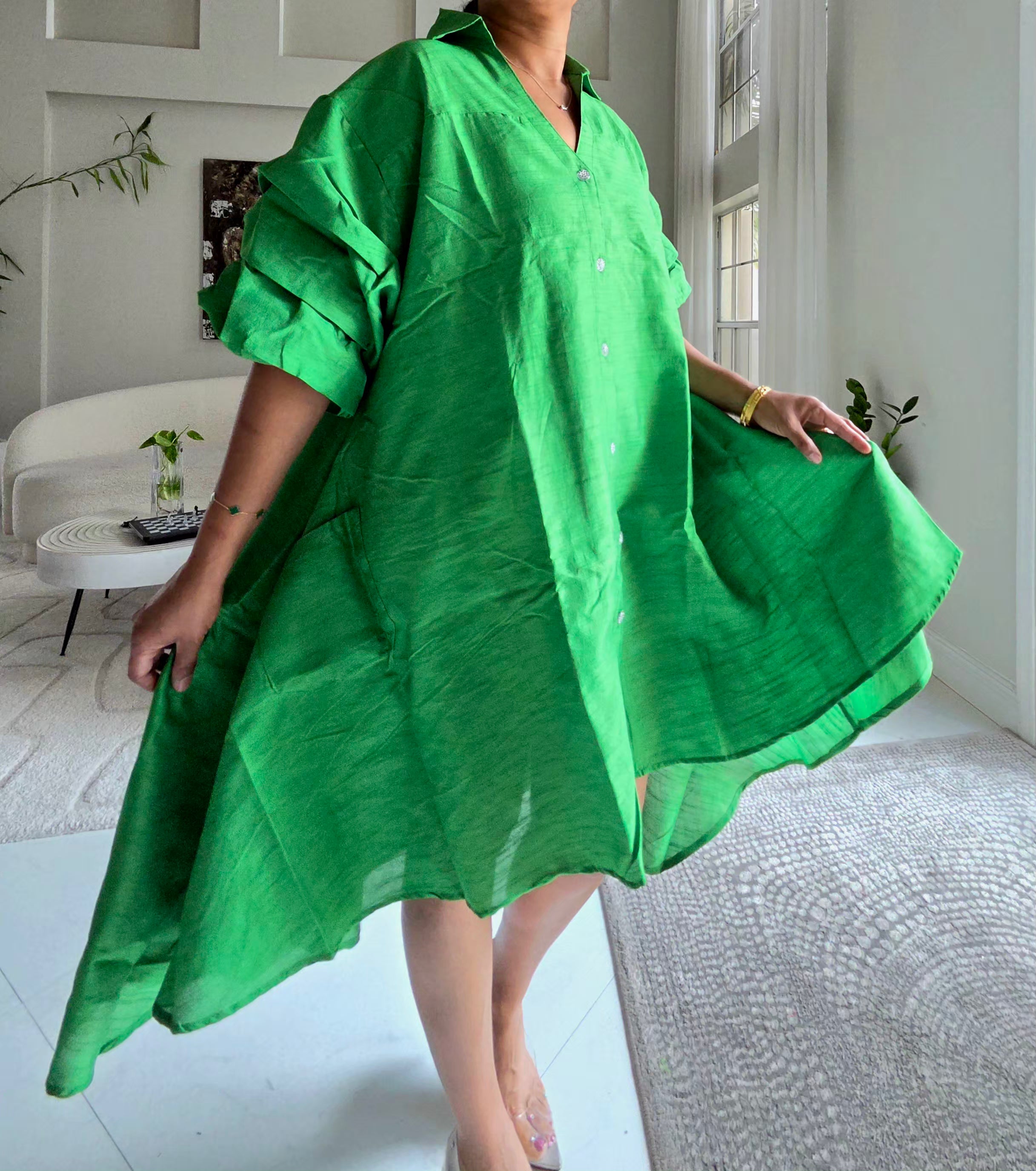 Swing Dress/ Faux Silk/ Ruffle Sleeve / Sparkle Button - 758