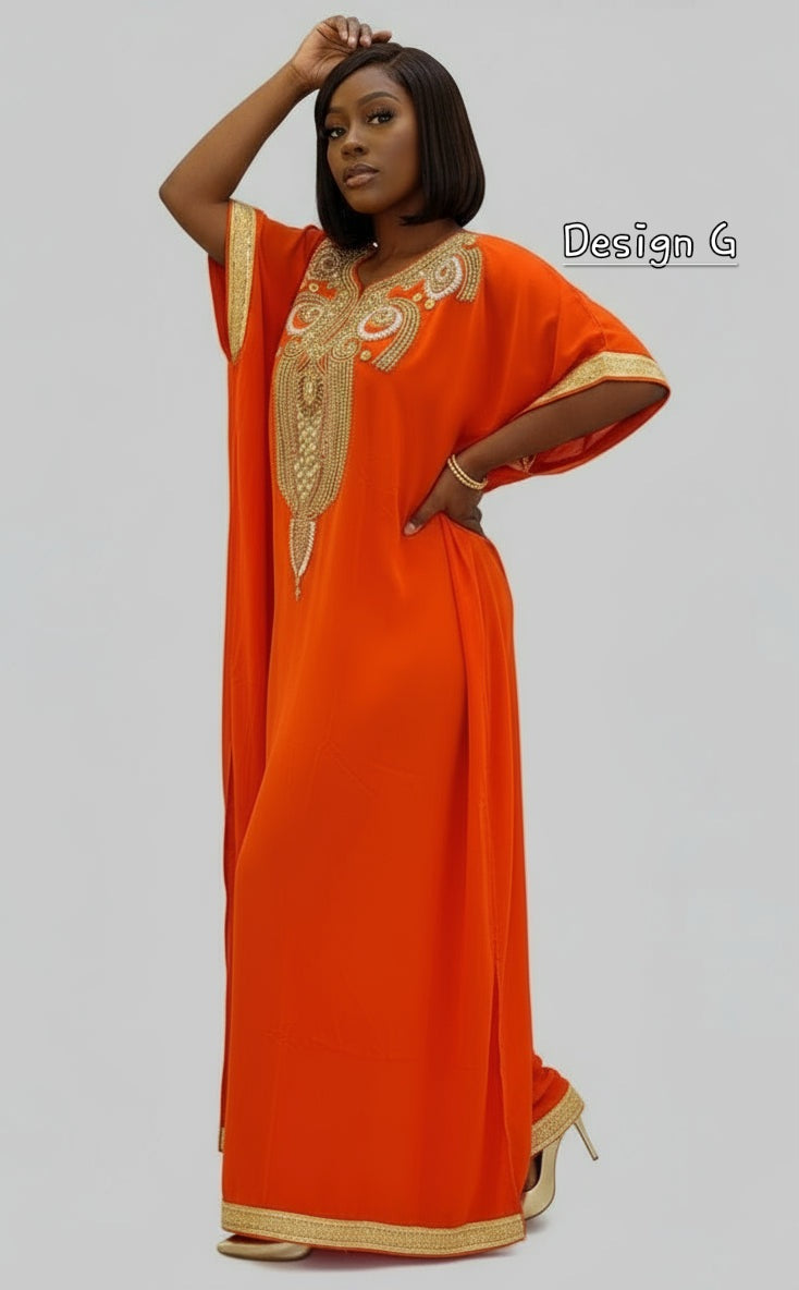 Beaded kaftan Dress With  Border Orange